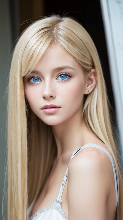 A woman with super long light blonde hair and big light blue eyes is taking a photo, gorgeous young model, Portrait Sophie Mudd, beautiful blonde、bangs between eyes、female model, cute young woman, very beautiful young woman with very big eyes, beautiful model portrait, beautiful young girl, Beautiful young woman, beautiful woman pictures, perfect face, beautiful model, Beautiful young face, Beautiful blonde girl