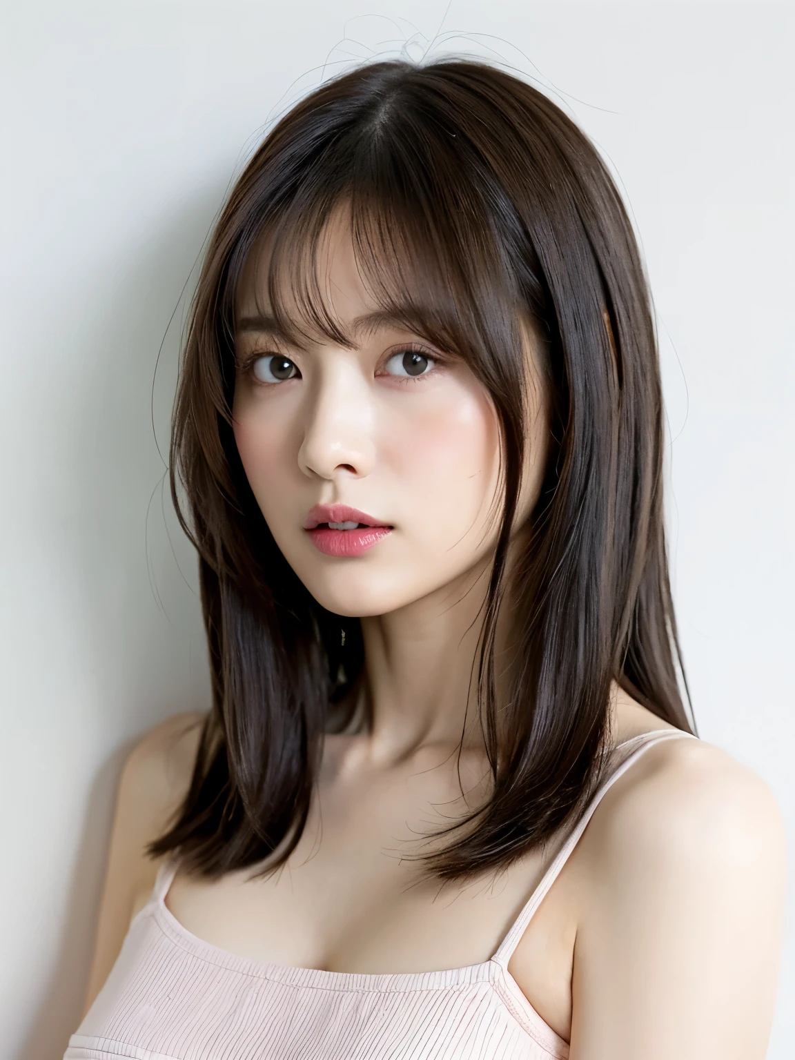 See-through tops、巨乳、キャミソール、くびれ、腹筋、さらさらな髪の毛、(背景にwhite wall、Part of her hair is Baby Pink:1.4)、white wall、Taken in front of the white door、(窓のあるwhite wallの部屋)、((highest quality、8K、masterpiece:1.3))、ultra high resolution、(photorealistic:1.4)、raw photos、Japanese,(details face)、real、Shot in natural light、Highly detailed face and skin texture、highly detailed lips、correct state of the human body、medium hair、black hair、various poses、natural color lip