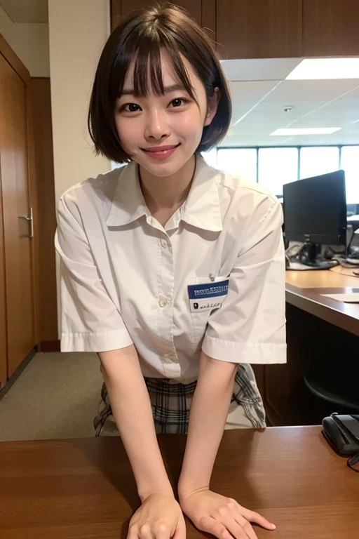 ((highest quality)), ((masterpiece)), (be familiar with), perfect face, bangs, smile, company employee