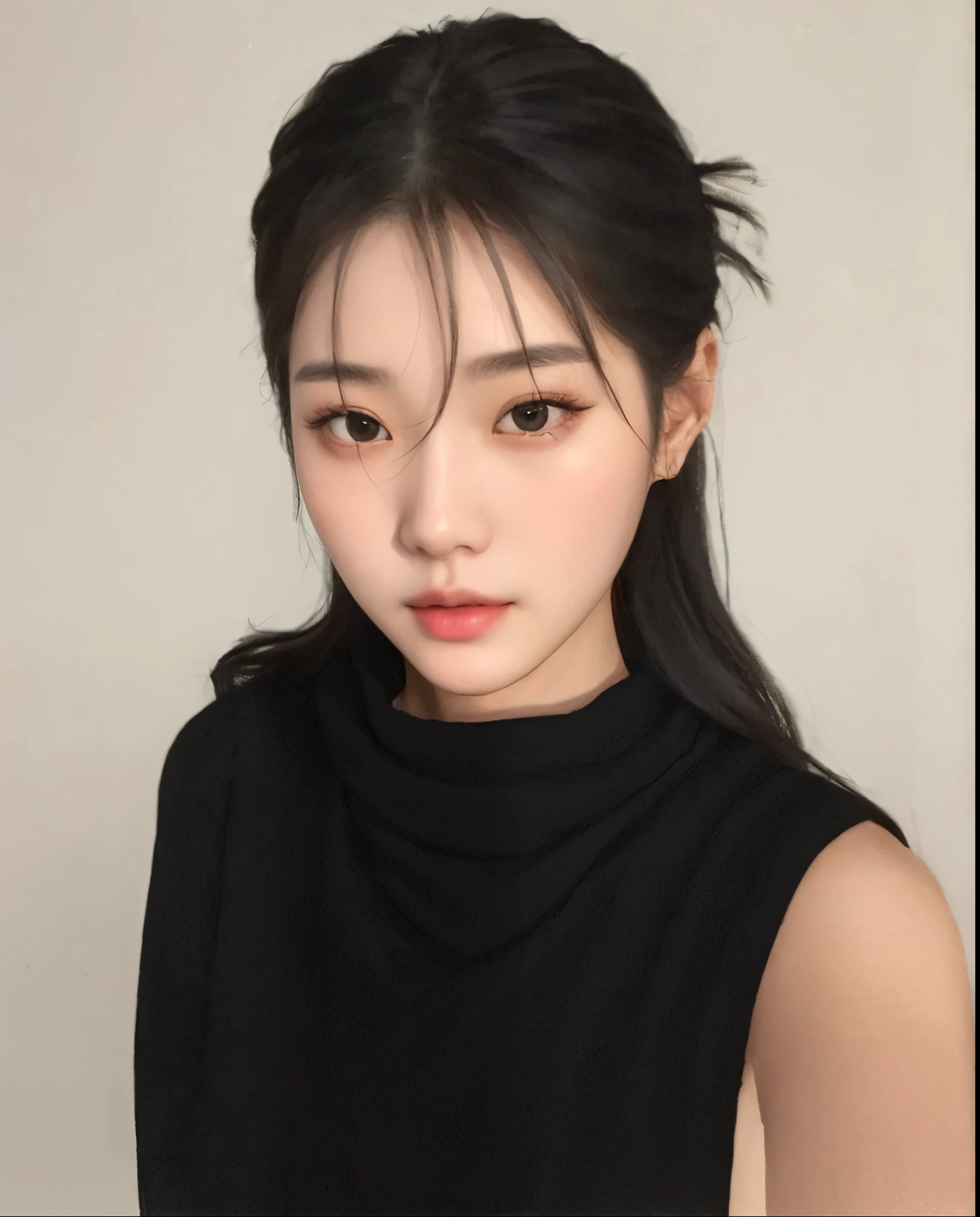 a close-up of a woman in a black blouse and a black scarf, Jinyoung Shin,  coreana, adorable and pale korean face, linda mulher sul-coreana, Ulzzang, Heonhwa Choe, jaeyeon nam, Kim Doyoung, young lovely korean face, gongbi, jossi do blackpink, Lee Ji-eun, Lee Ji-eun