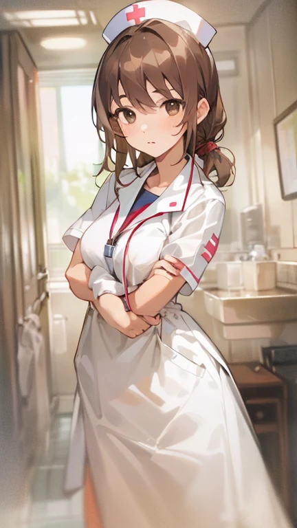 masterpiece, 最high quality, high quality, urtra detailed, Female 1、30 years old、alone, female focus,　looking at the camera、whole body、Brown hair tied back elegantly、nurse、Cleanliness