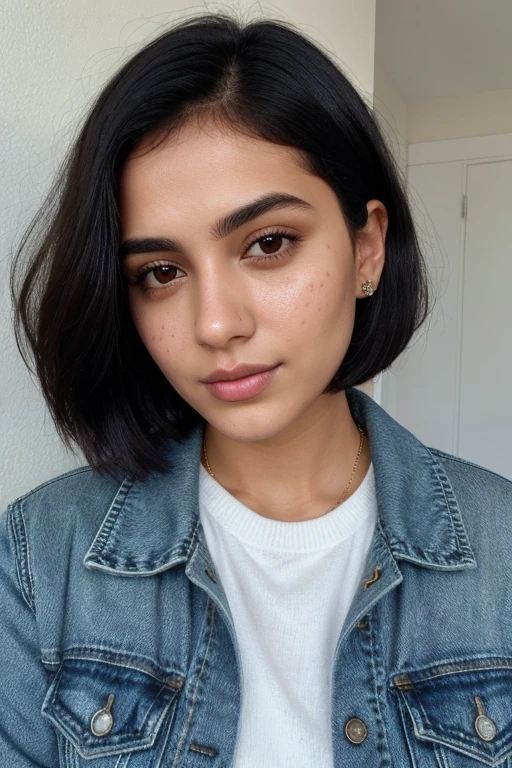 instagram photo, 21yo french woman, short hair, black hair, closeup portrait, pale, hard shadows. Increase the size of hair little bit and Make Indian Version realistic. black_pullover, jacket, black_jeans, close to face, profile picture, close, same face, fully clothed, no brand, seductive, some pimples on face and dark spots.