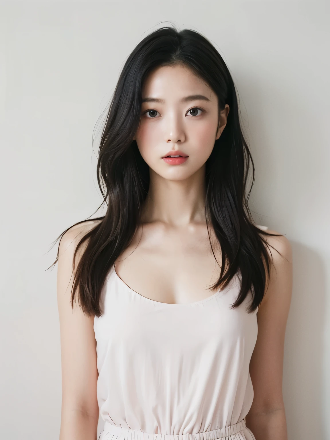 See-through tops、巨乳、キャミソール、くびれ、腹筋、さらさらな髪の毛、(背景にwhite wall、Part of her hair is Baby Pink:1.4)、white wall、Taken in front of the white door、(窓のあるwhite wallの部屋)、((highest quality、8K、masterpiece:1.3))、ultra high resolution、(photorealistic:1.4)、raw photos、Japanese,(details face)、real、Shot in natural light、Highly detailed face and skin texture、highly detailed lips、correct state of the human body、medium hair、black hair、various poses、natural color lip