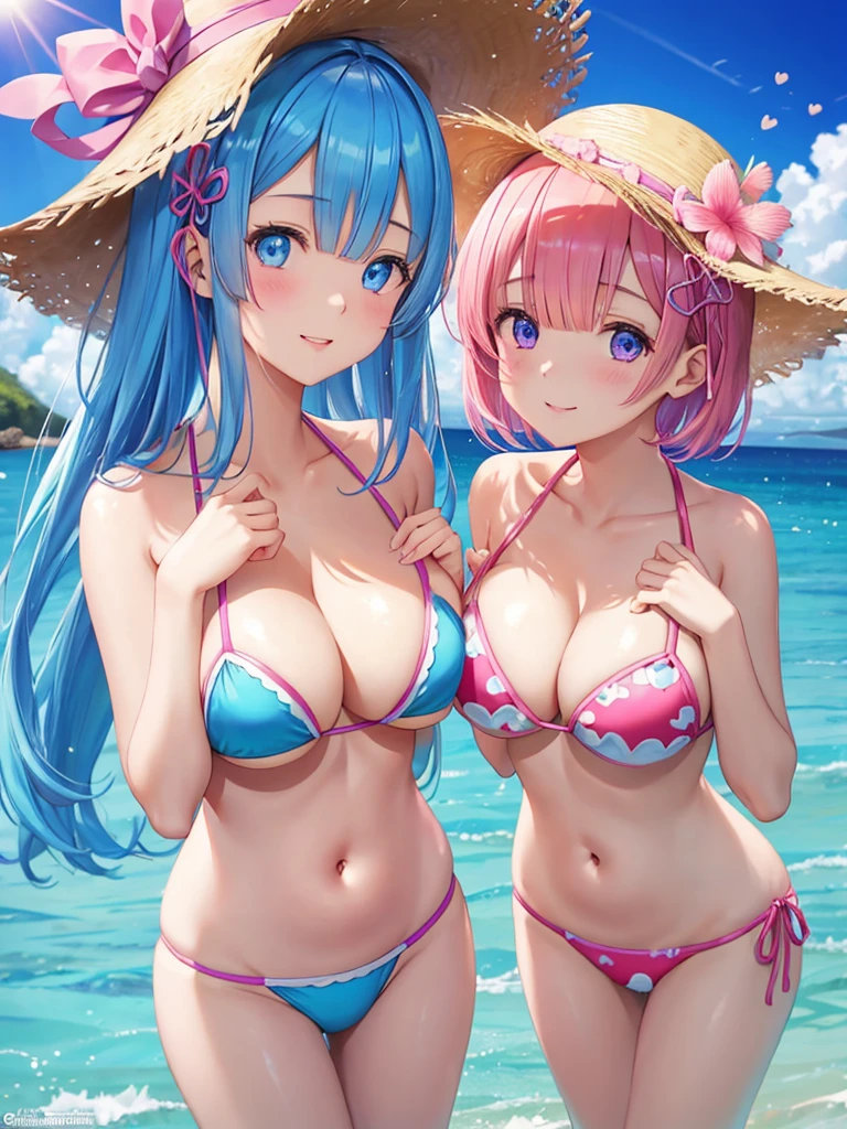 masterpiece, best quality, ultra detailed , Two girls putting their hands on their chests、Re:zero(Rem and Ram),short hair、bikini、big breasts、belly button、Blue and pink hair、straw hat、(Create a heart shape with a heart-shaped effect for viewers)、The background is the sea、Light of the sun、White cloudy、Blue sky、、