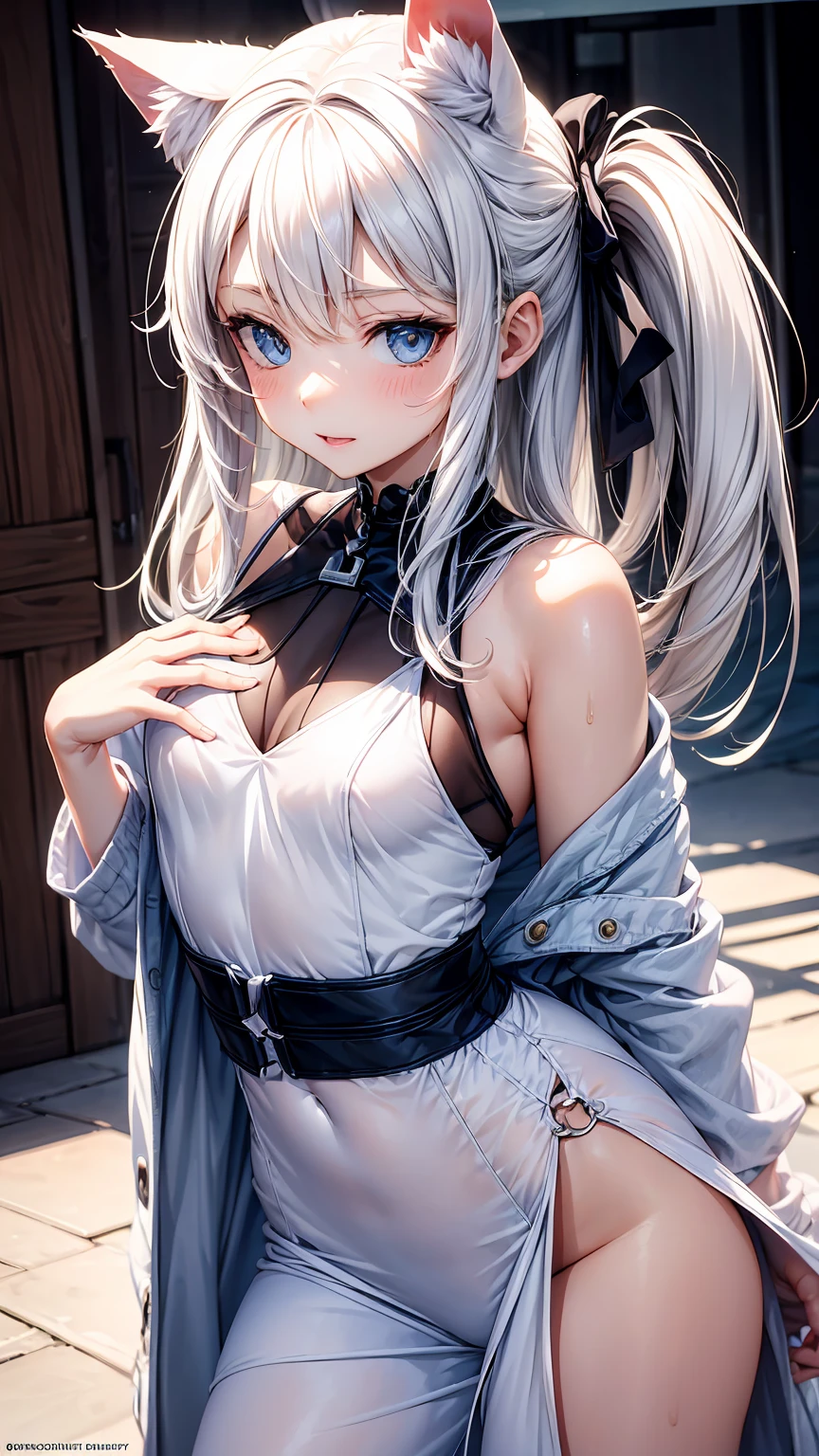 anime - style image of a woman with long white hair and a cat ears, white-haired god, Perfect white haired girl, from girls frontline, Best anime 4k konachan wallpaper, cute anime waifu in a nice dress, white haired Cangcang, in dress, seductive anime girls, small curvaceous , trending on artstation pixiv, azur lane style