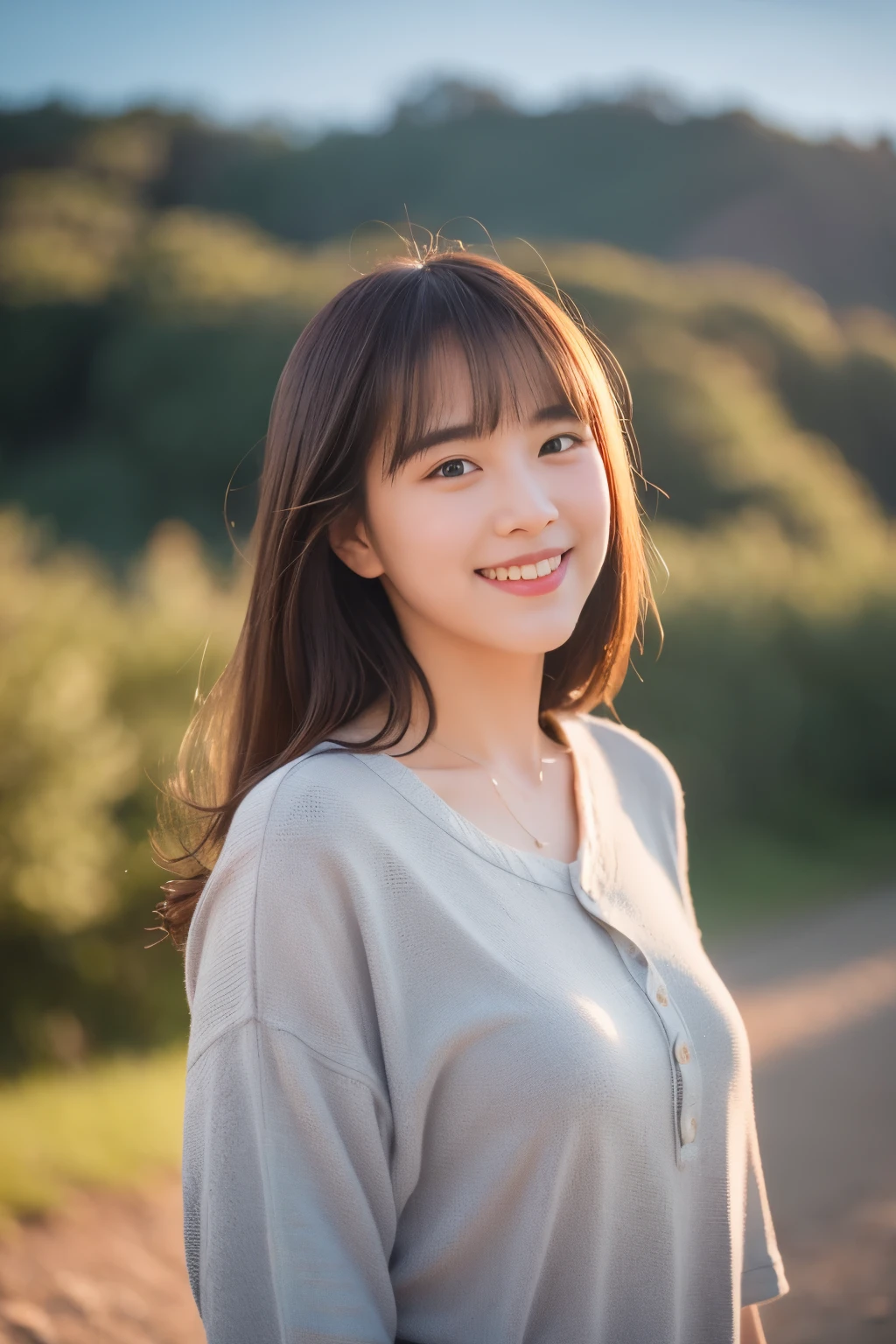 1 slender girl, bangs, smiling, with staff, cinematic lighting, (8k, masterpiece, top quality, raw photo), action, A little acne and a few moles, looking up at the sky