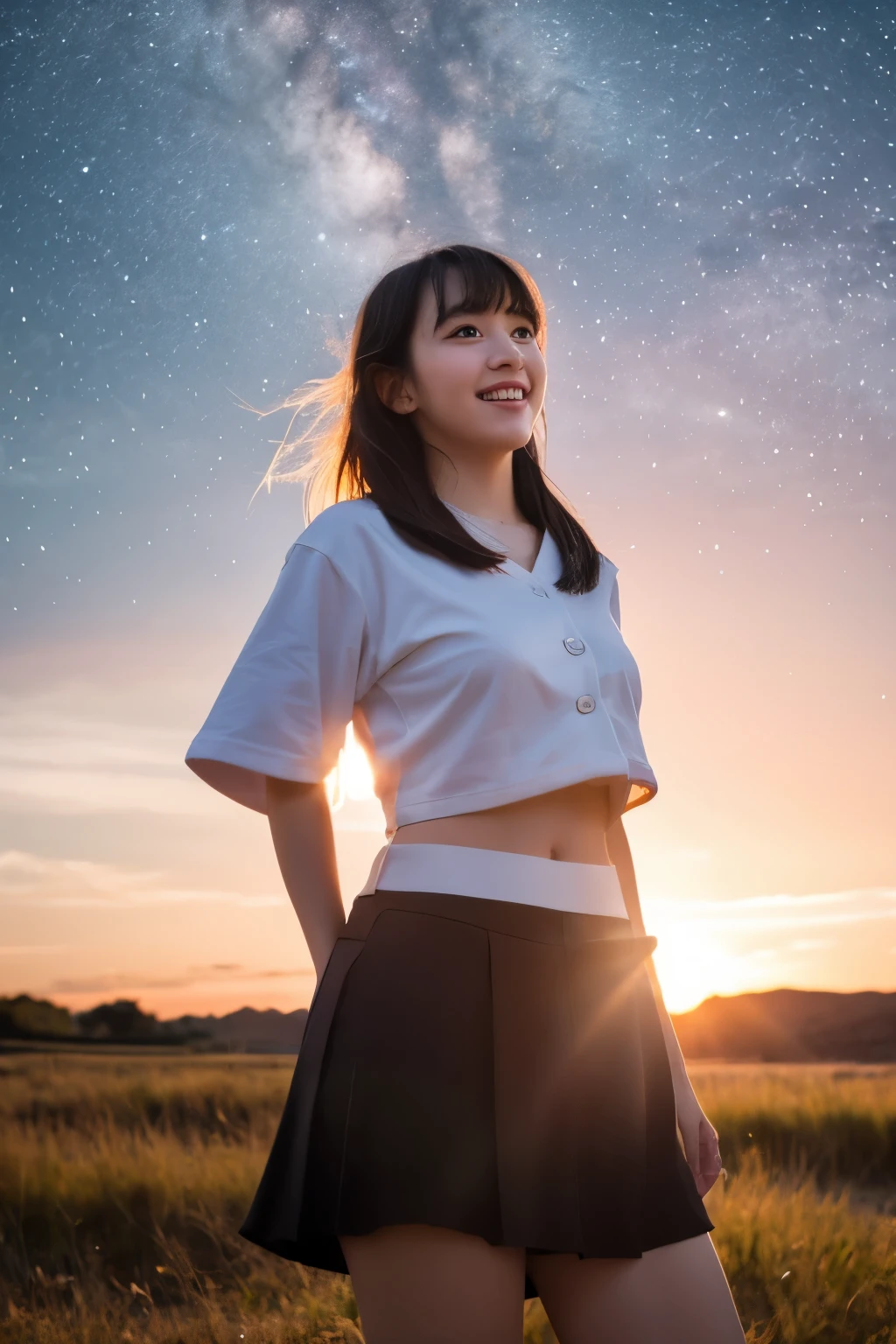 1 slender girl, bangs, smiling, with staff, cinematic lighting, (8k, masterpiece, top quality, raw photo), action, A little acne and a few moles, looking up at the sky