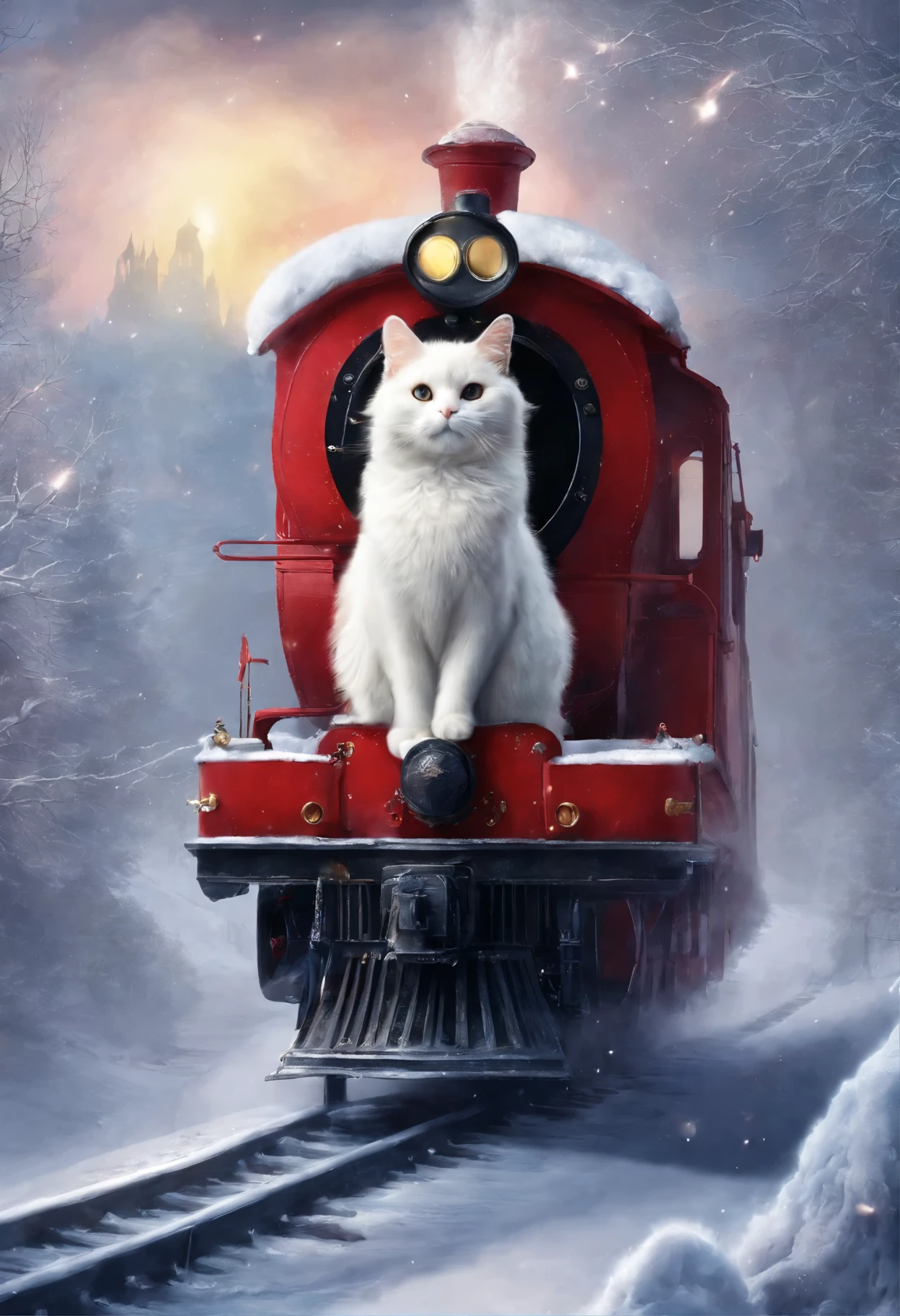 red and white cat with wings look from the sky at the train receding into the distance, snowstorm, blizzard, Polar express leaves for heaven, choo choo, Beautiful digital images, Cute illustrations, Sakimi, Train, Andrey Gordeev, Rails, charming digital painting, Magical scene, fantastic matte painting, Cute, White cat, Cute digital art, Desktop Wallpapers - 1 0 2 4, 2 0 1 4
