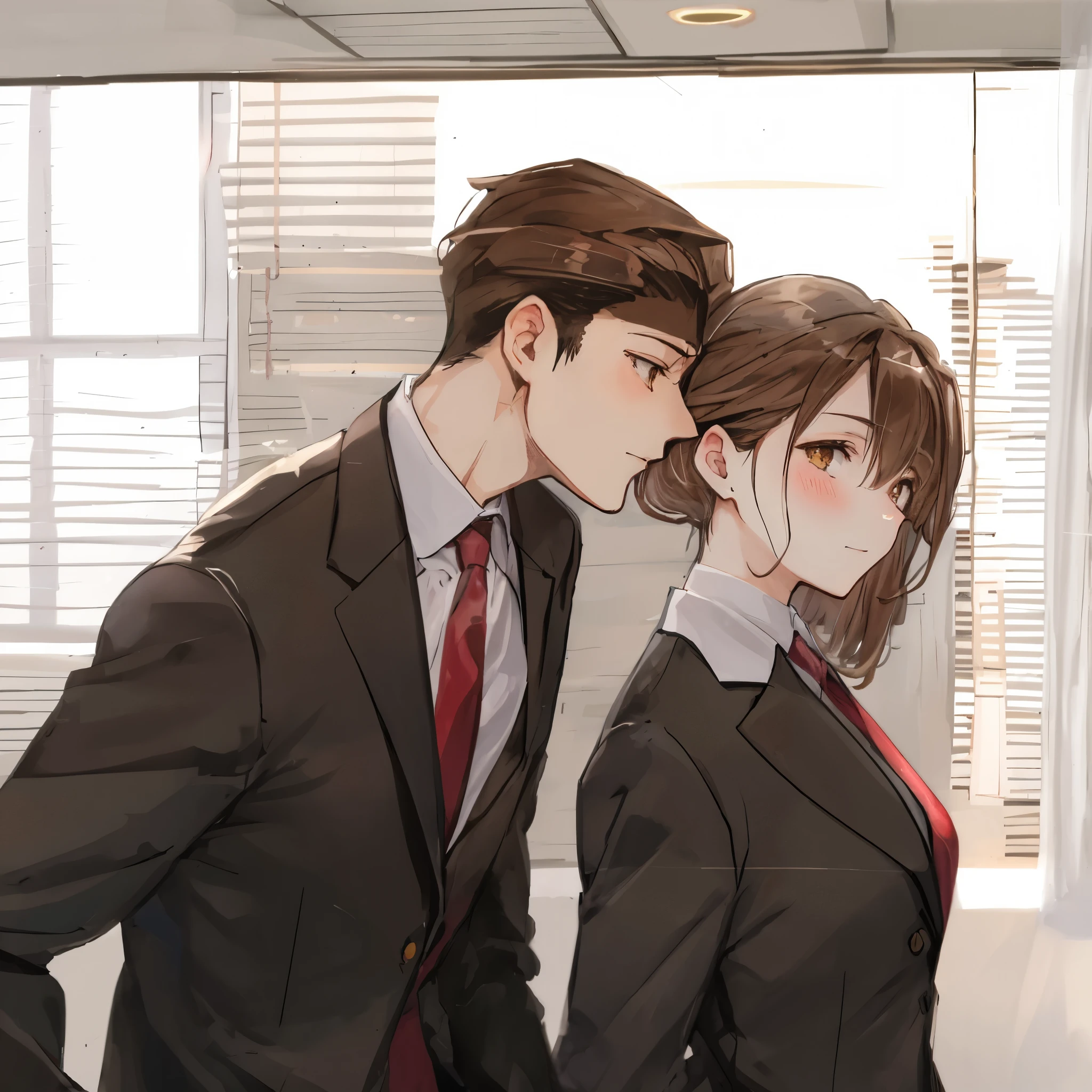 an anime drawing of a man leaning his head forward whispering in a woman's ear, 1girl, 1boy, necktie, brown hair, blush, formal, blinds, suit, brown eyes, indoors. real life anime. light