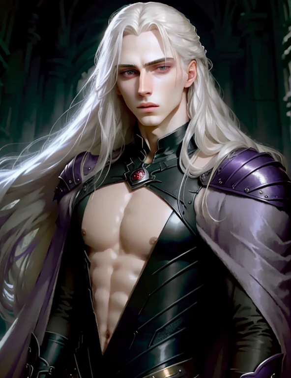 masterpiece, highest quality, (solo focus), (perfect face:1.1), (high detail:1.1), dramatic, 1guy, (pale skin), long white hair, purple eyes, (light eyebrows), solo, long hair, Gerhard Freidl, moon, night, red and blue luxury thongcovered navel, pouty lips, fur, arrogant expression, futuristic city, detailed background, art by artgerm, cinematic lighting, roses, fashion, BalenciagaStyle