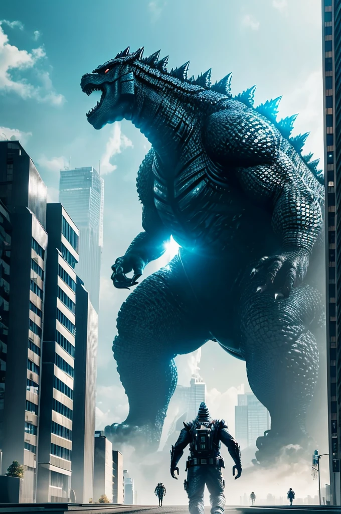 gigantic futuristic chrome metallic Godzilla walking between buildings, cinematic, 8k, unreal engine, epic quality, realism, insanely detailed
