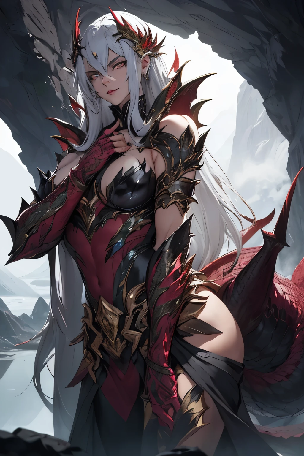 A dragon lord of unparalleled power, his silver-black scales shimmering in the sunlight, gleamed menacingly as he surveyed the land below with a withering gaze from atop the mountain. The face of this enigmatic figure bore the seductive features of a femme fatale, with crimson lips curved in a knowing smile and mesmerizing emerald eyes that held the allure of temptation. The dragon lord's muscular form, adorned with intricate gold armor, exuded strength and confidence as he stood majestically amidst the misty, mystical landscape. At his feet, a lake mirrored the breathtaking scene before him, its surface und