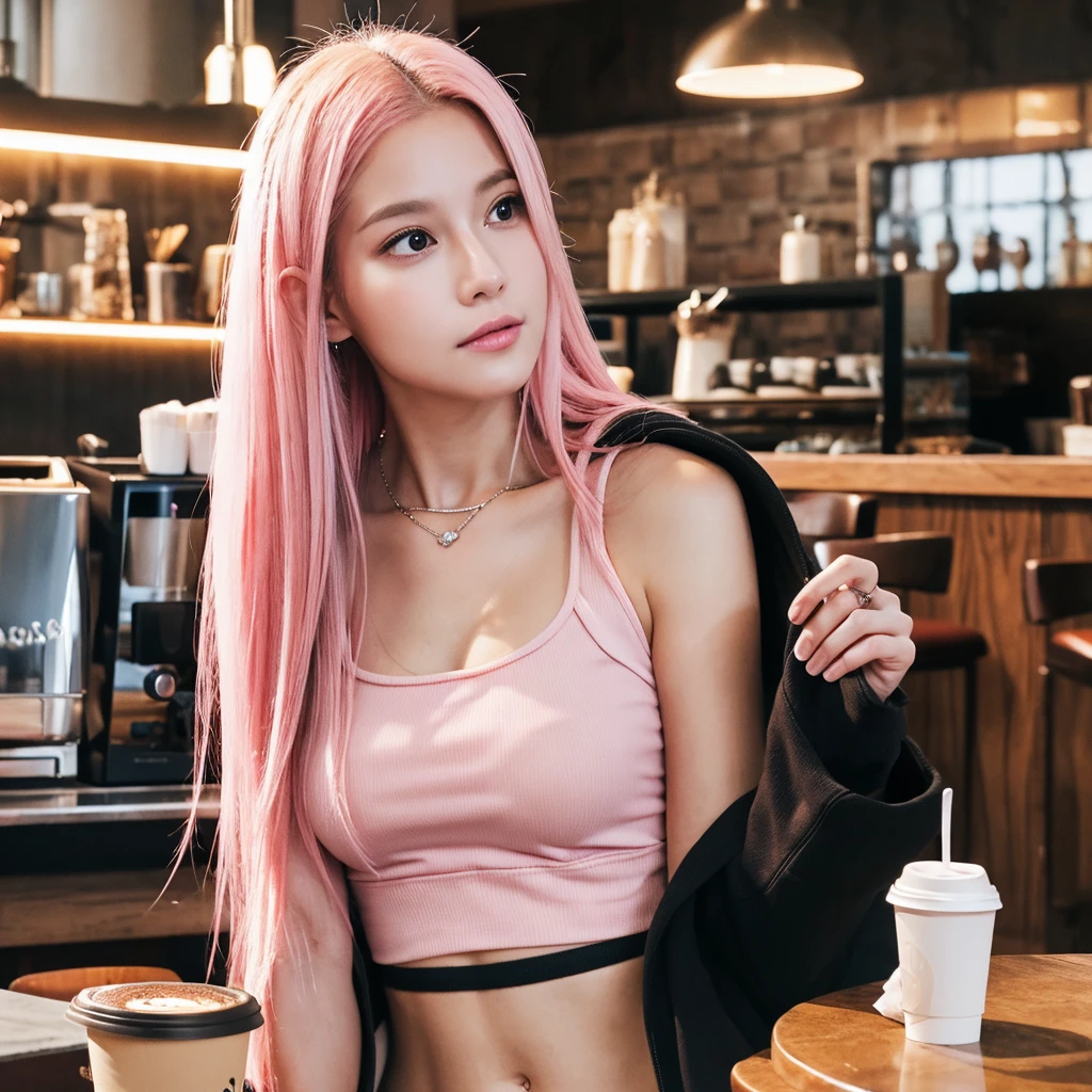 (realistic、High resolution:1.3)、There&#39;s only one white girl with a perfect figure、super thin face and eyes、long hair、pink hair、Tank top、at the cafe、coffee on the table、C cup、Wearing a black hoodie