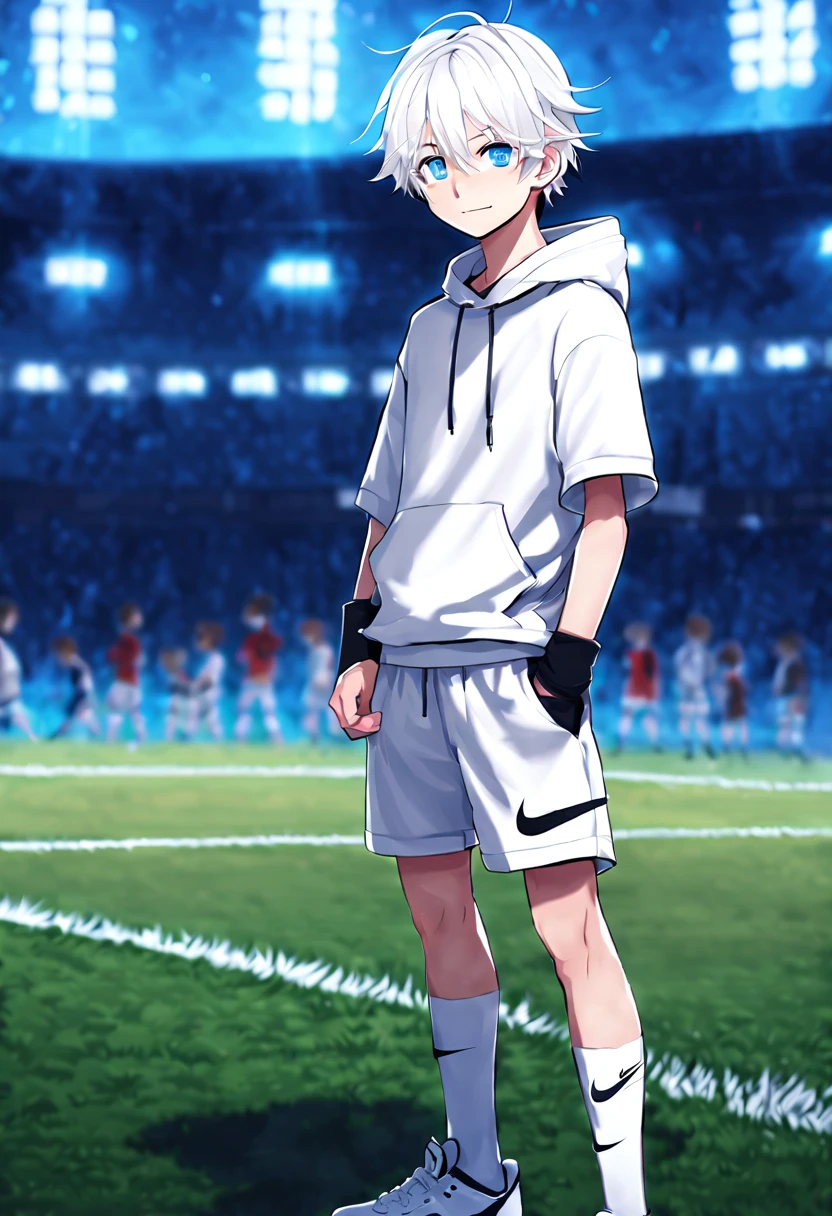 masterpiece，best quality，4k quality，full body character， 
 boys，sports student，Handsome boy，cute，，anime characters，blue eyes，smirk，male focus，animal ears，white hair，Upper body black Nike hoodie，White short sleeves，Wear white three-quarter shorts，standing posture，Large crotch，Hands wearing tactical gloves，Face clear on sports field background