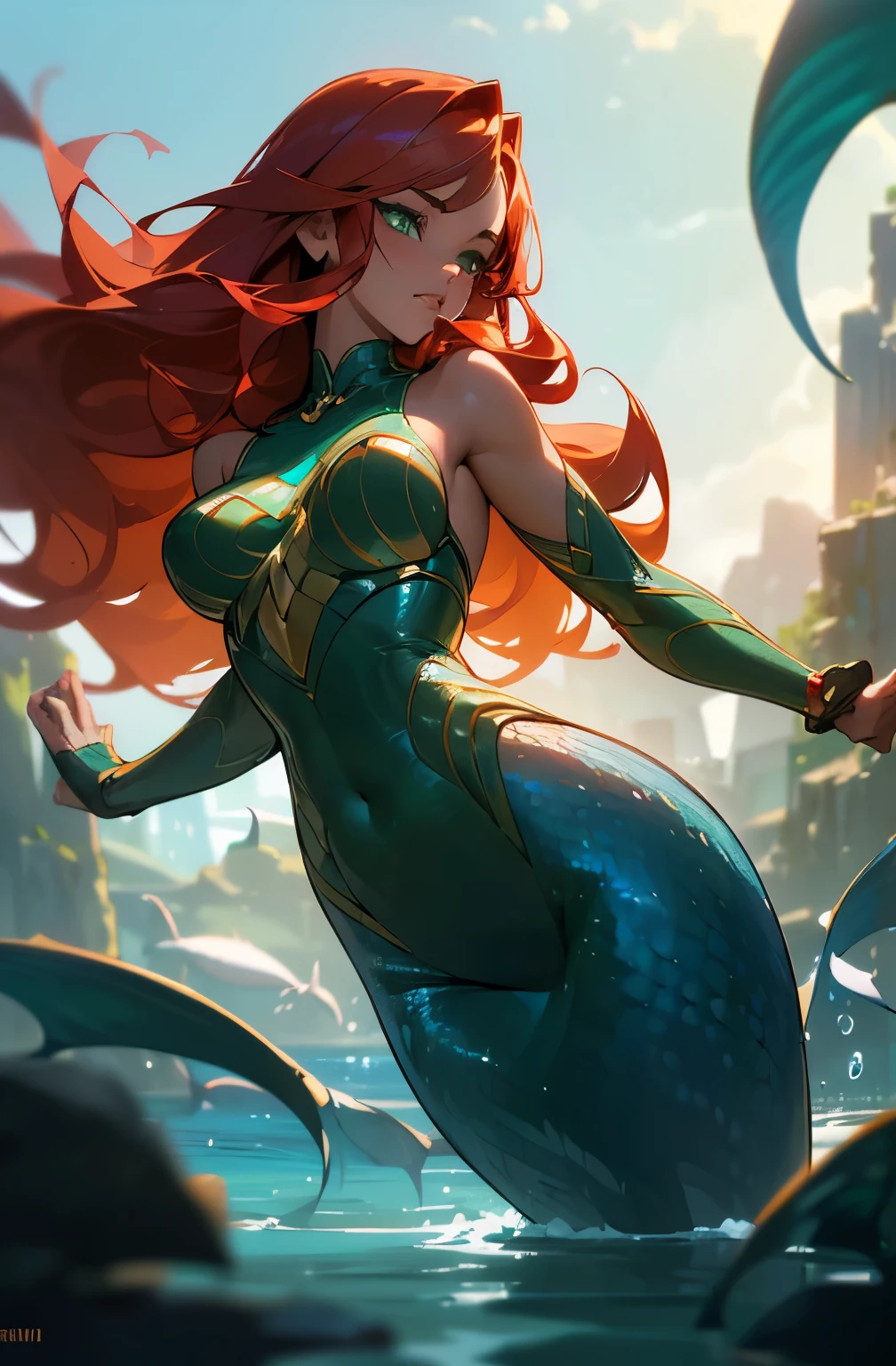 (((sensual, strong, attractive, sexy, powerful, tan skin female, mermaid,)))( red hair curly, bangs, long hair, (green eyes, statuesque oblong-shaped face, vivacious eyes, tone, long,) character shot (masterpiece), (ultra-detailed), (perfect details), (extremely fine and beautiful), beautiful face, beautiful eyes, (detailed face, detailed eyes), detailed lip, shiny skin, oil skin, shiny hair, sense of depth, depth of field, dynamic angle, scenery, dramatic lighting, volumetric lighting, golden hour, dangerous::2 (lots of fish), ocean scene, underwater, ,(science ,fantasy),((magic, futuristic fantasy))
