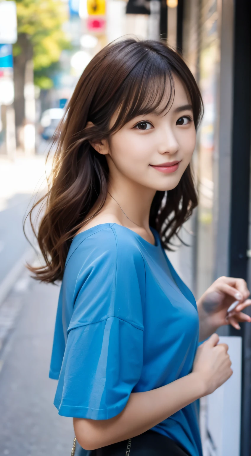 (highest quality,8K quality,masterpiece:1.3,),(Super high resolution:1.3,Photoreal:1.4,Raw photo:1.2),(super detailed:1.2,shiny skin,fine skin:1.1),(detailed face,perfect anatomy,caustics),1 girl,cute,Japanese,20-year-old,japanese id,natural brown hair,shoulder length hair,cute目,natural makeup,oversize tshirt,laughter,not looking at the camera,up on the face,face focus,street corner,professional writing,natural soft light,