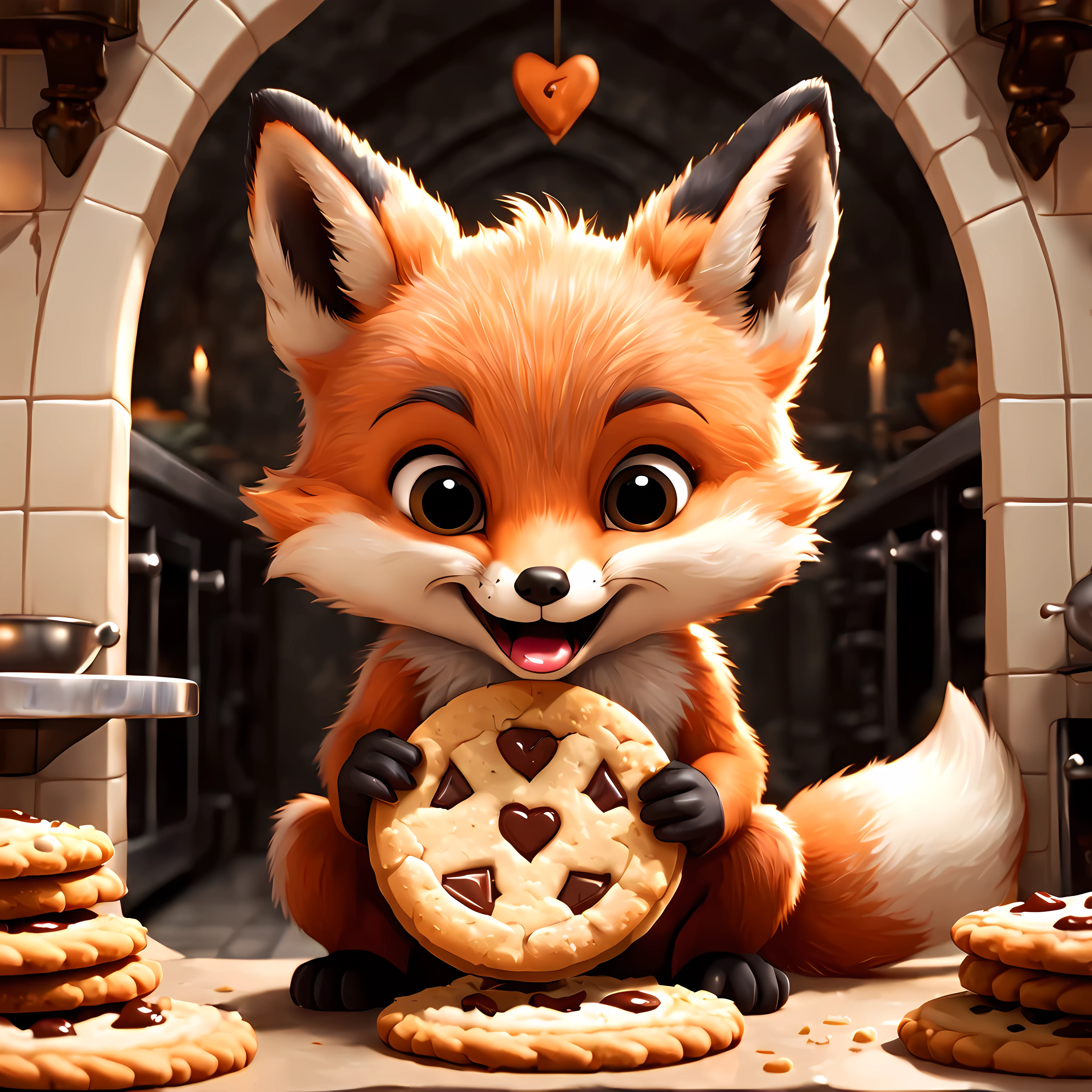 (Cute cartoon style), ((symmetrical close up front view of an adorable)) fox cub happily ((eating)) a giant cookie, inside a gothic kitchen. | ((More_Detail))