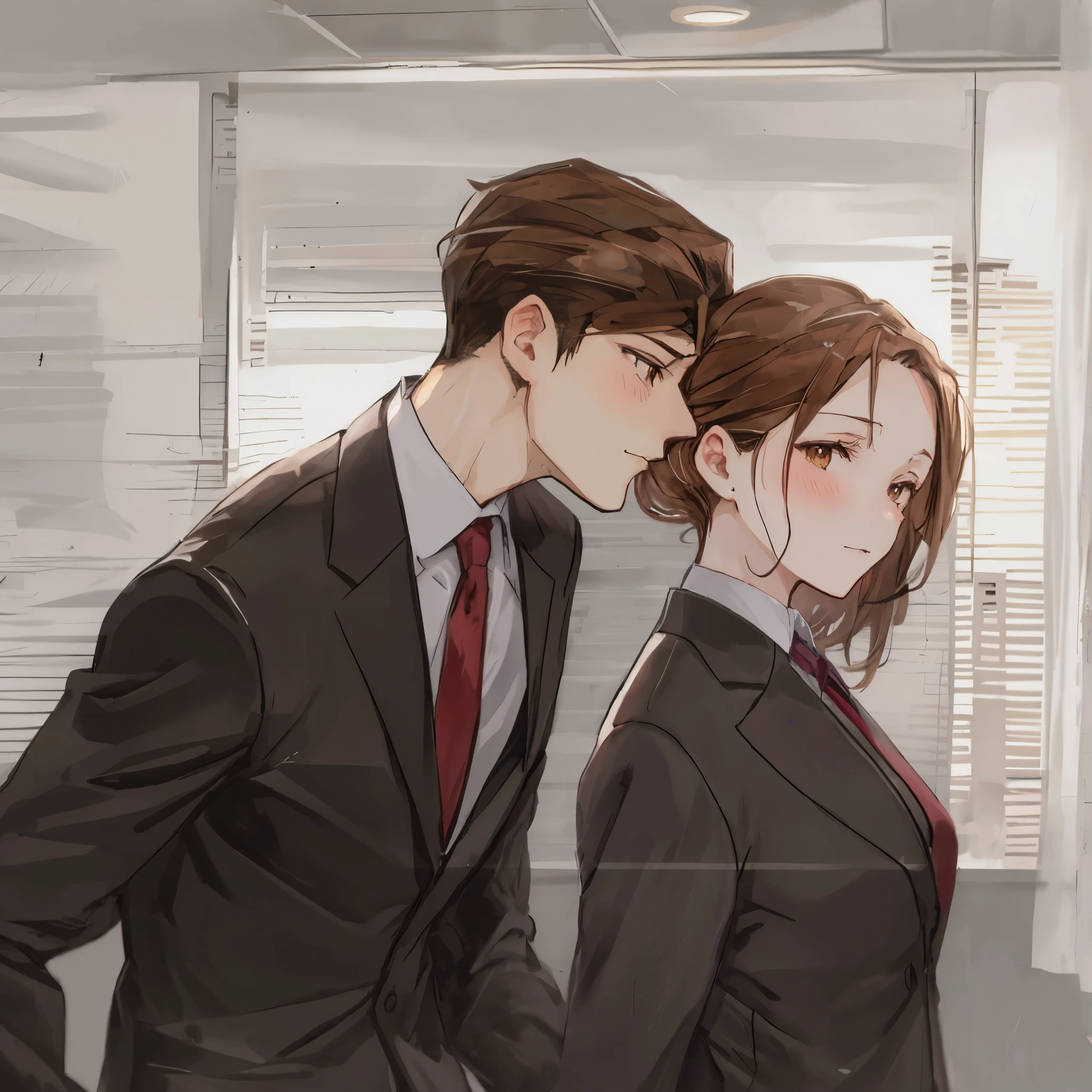 an anime drawing of a man leaning his head forward whispering in a woman's ear, 1girl, 1boy, necktie, brown hair, blush, formal, blinds, suit, brown eyes, indoors. real life anime. light