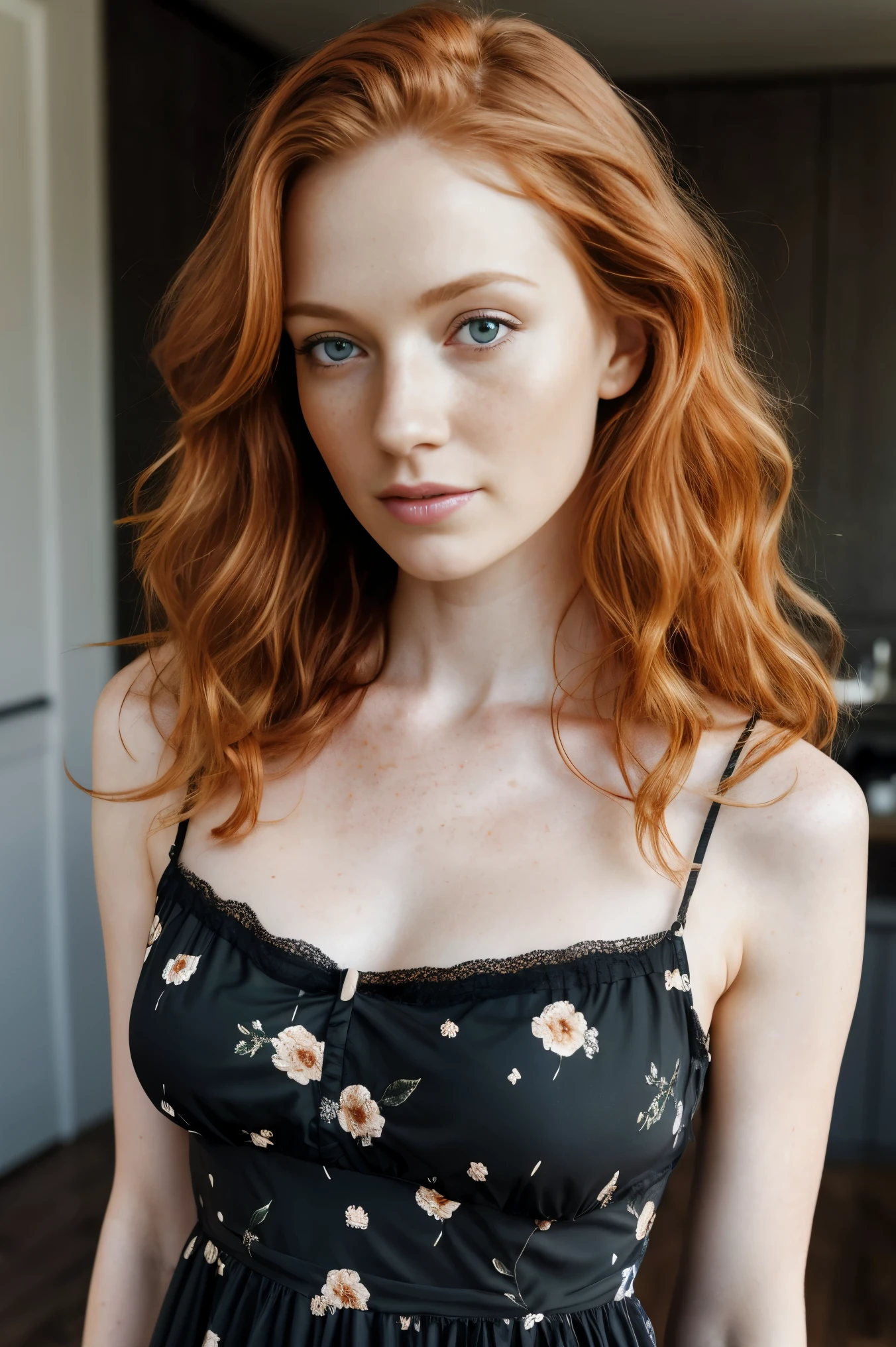 A beautiful ginger girl with freckles, 18 yearold, sexy and thicc, Green eyes, Big breasts, Big butt, sweaty, shiny, lewd face, , bathroom, Sexy, Milky