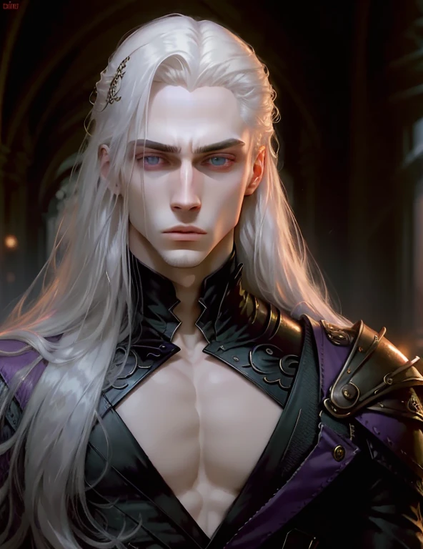 masterpiece, highest quality, (solo focus), (perfect face:1.1), (high detail:1.1), dramatic, 1guy, (pale skin), long white hair, purple eyes, (light eyebrows), solo, long hair, Gerhard Freidl, moon, night, red and blue luxury thongcovered navel, pouty lips, fur, arrogant expression, futuristic city, detailed background, art by artgerm, cinematic lighting, roses, fashion, BalenciagaStyle