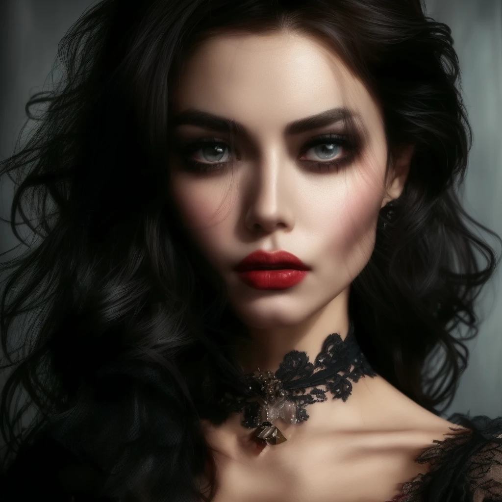 woman with black hair and red lipstick wearing a choke, dark hair and makeup, wearing intricate black choker, sexy face with full makeup, wonderful dark hair, portrait of beautiful vampire, dark makeup, dark make up on her face, wearing black choker, photo of a beautiful woman, gorgeous woman, beautiful female vampire, gorgeous beautiful woman