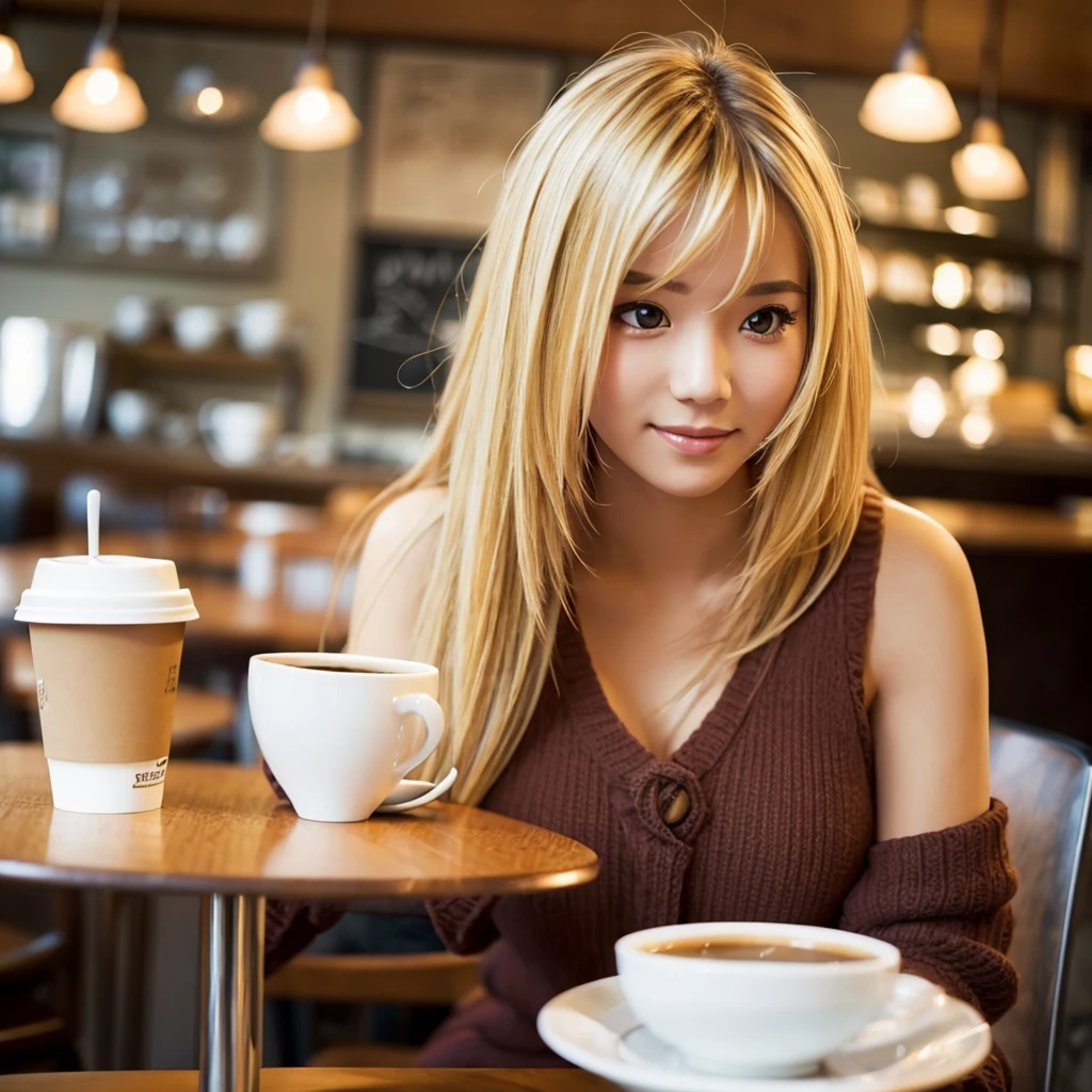 Pretty woman in cafe sitting at table with blonde and long hair、Coffee cup on table