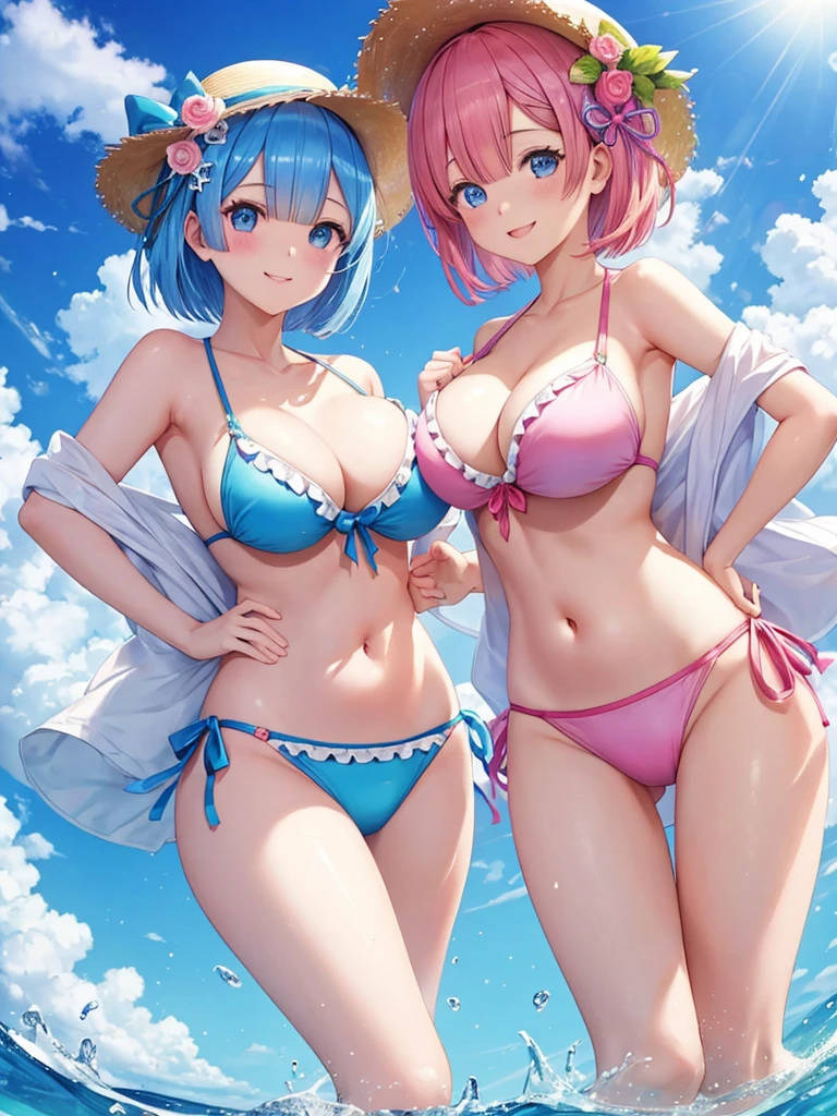 masterpiece, best quality, ultra detailed , Two girls putting their hands on their chests、Re:zero(Rem and Ram),short hair、bikini、big breasts、belly button、Blue and pink hair、straw hat、(Create a heart shape with a heart-shaped effect for viewers)、The background is the sea、Light of the sun、White cloudy、Blue sky、、smile、dynamic pose、