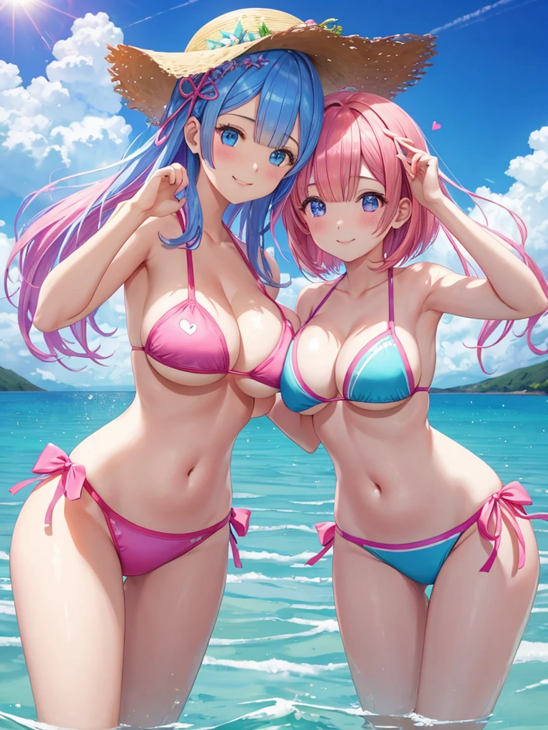 masterpiece, best quality, ultra detailed , Two girls putting their hands on their chests、Re:zero(Rem and Ram),short hair、bikini、big breasts、belly button、Blue and pink hair、straw hat、(Create a heart shape with a heart-shaped effect for viewers)、The background is the sea、Light of the sun、White cloudy、Blue sky、、smile、dynamic pose、