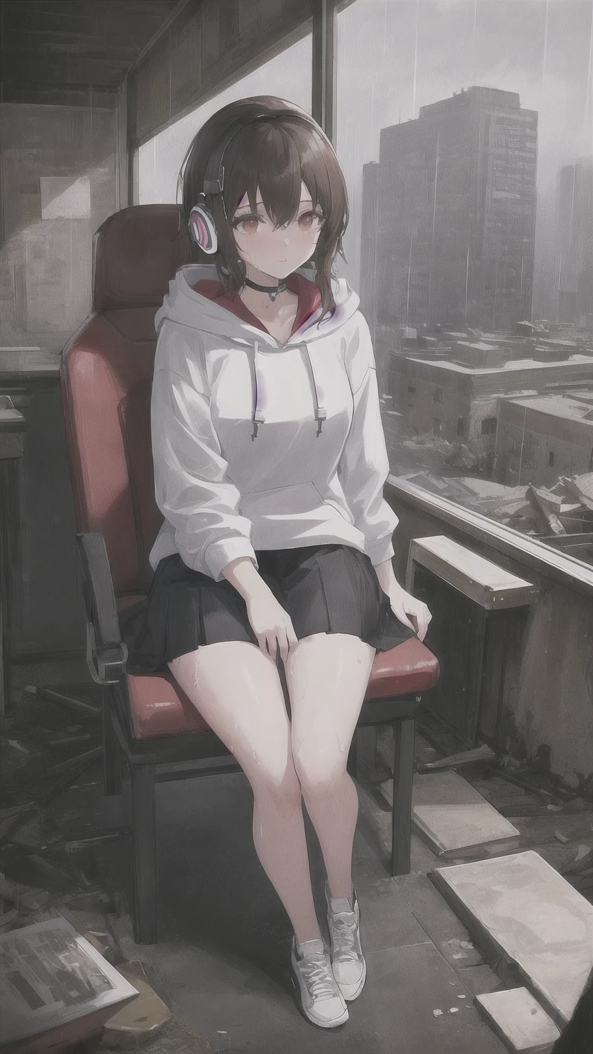 masterpiece, one girl, alone, incredibly absurd, hoodie, headphones, rain, neon,Future Soul Arts, Dirty woman sitting on chair in dilapidated house, wet and messy hair above the eyes,pleated skirt. vixip, Close-up scenery, hurt. hand drawn, cinematic lighting, very detailed. white, Brown, red. perfect composition, masterpiece, highest quality, 4K, sharp focus. perfect anatomy.