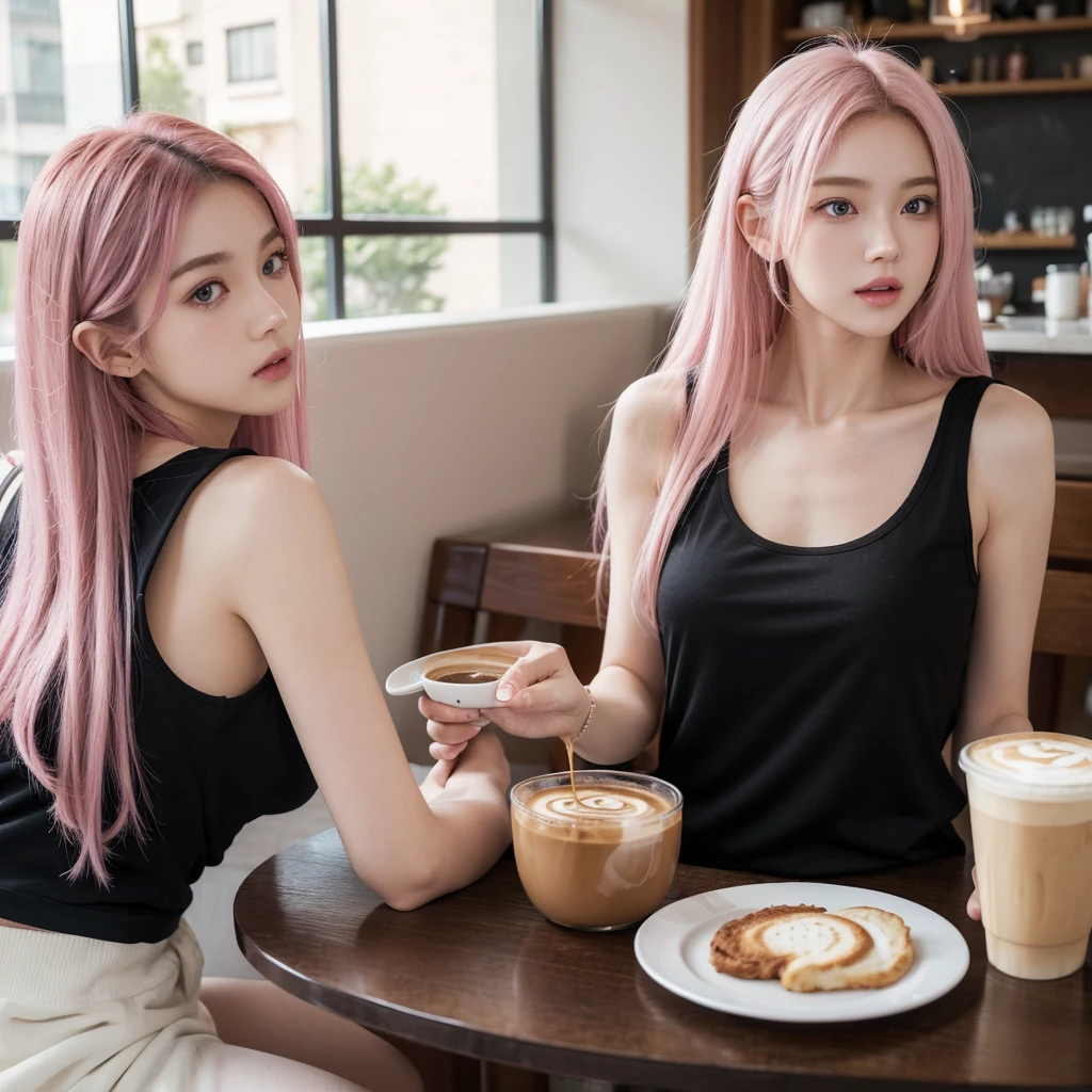(realistic、High resolution:1.3)、There's only one white girl with a perfect figure、super thin face and eyes、long hair、pink hair、Tank top、at the cafe、coffee on the table、C cup、Wearing a black hoodie