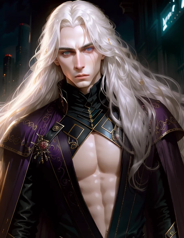 masterpiece, highest quality, (solo focus), (perfect face:1.1), (high detail:1.1), dramatic, 1guy, (pale skin), long white hair, white eyes, (light eyebrows), solo, long hair, Gerhard Freidl, moon, night, white luxury thong, covered navel, pouty lips, fur, arrogant expression, futuristic city, detailed background, art by artgerm, cinematic lighting, roses, fashion, BalenciagaStyle