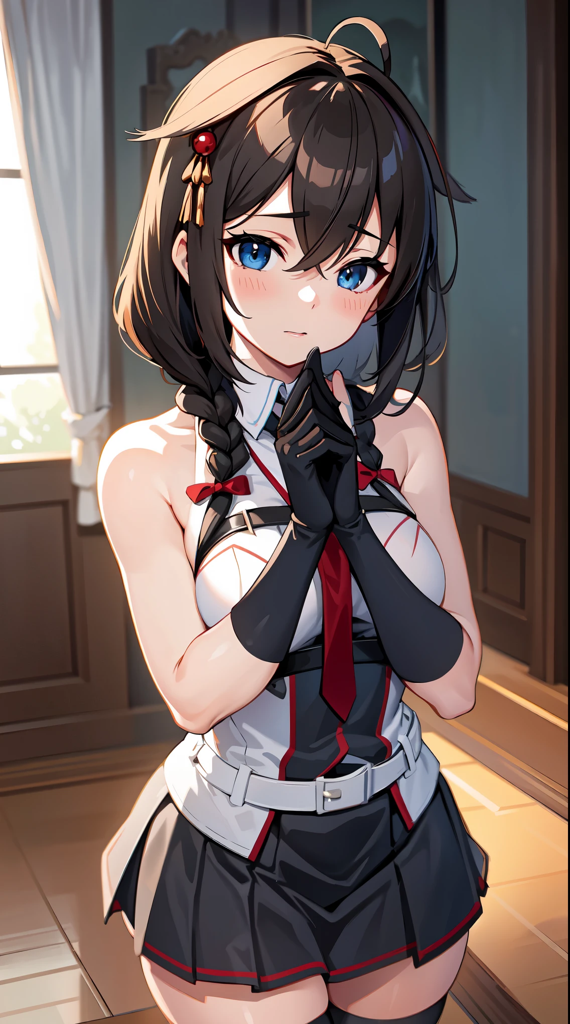 (masterpiece), (best quality), (ultra-detailed), photorealistic, (best illustration), (an extremely delicate and beautiful), 1girl, solo,Shigure Kai 3 KanColle Sleeveless Black Thimble Gloves Black Skirt Braid 8K High Resolution Very Fine Eyes Very Fine Face、Insanely detailed body、Extremely fine skin, very elaborate hair ornament, Precisely shaped body and hands 1 person Living room in a private house