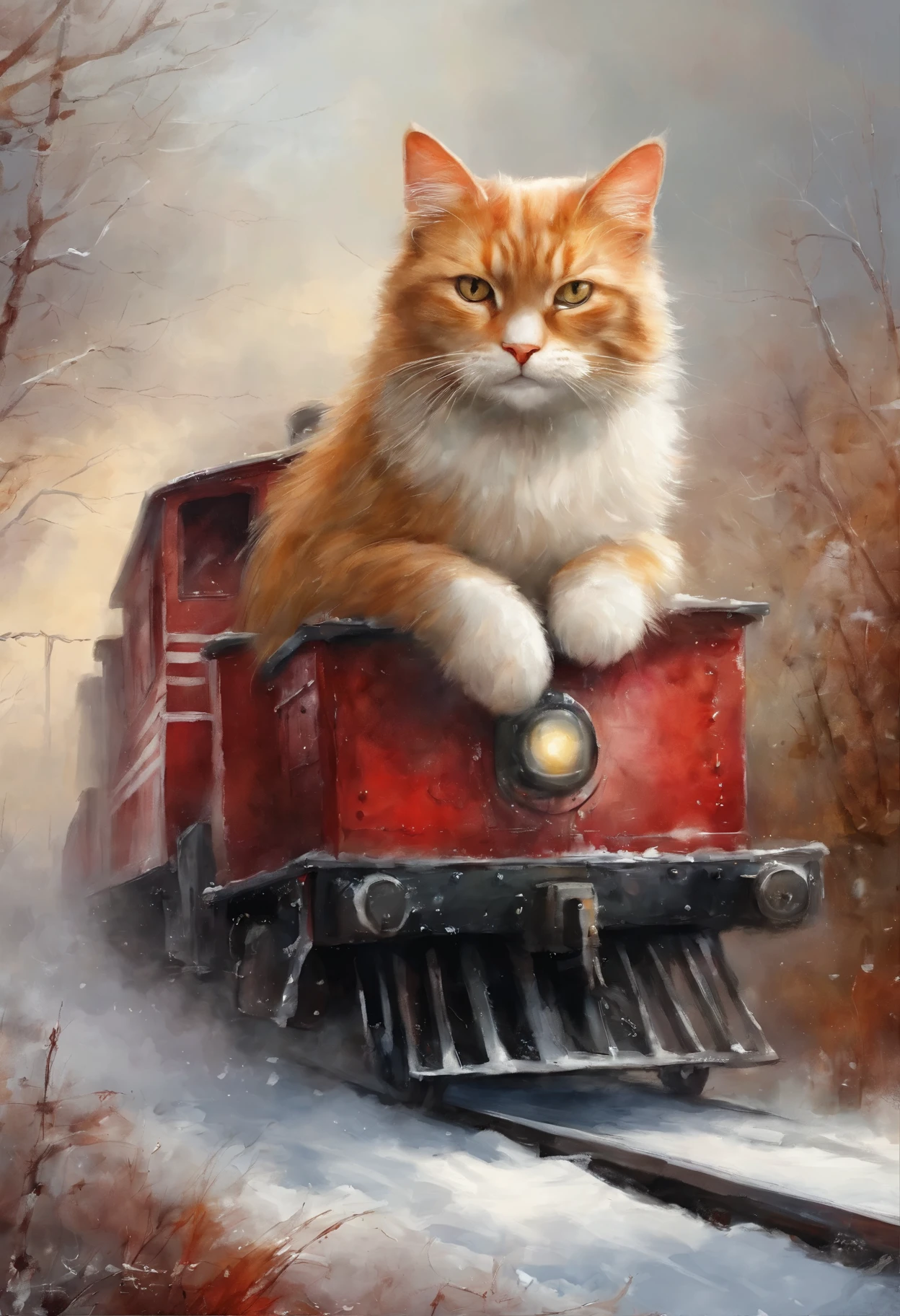 red and white cat with wings look from the sky at the train receding into the distance, snowstorm, blizzard, Polar express leaves for heaven, choo choo, Beautiful digital images, Cute illustrations, Sakimi, Train, Andrey Gordeev, Rails, charming digital painting, Magical scene, fantastic matte painting, Cute, White cat, Cute digital art, Desktop Wallpapers - 1 0 2 4, 2 0 1 4