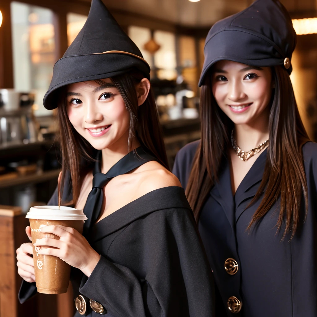 (masterpiece:1.2), (best quality:1.2), Cafe, coffeeカップ, coffee, dark wizard girl, small breasts, neckline,.hat, facing forward, Smile,