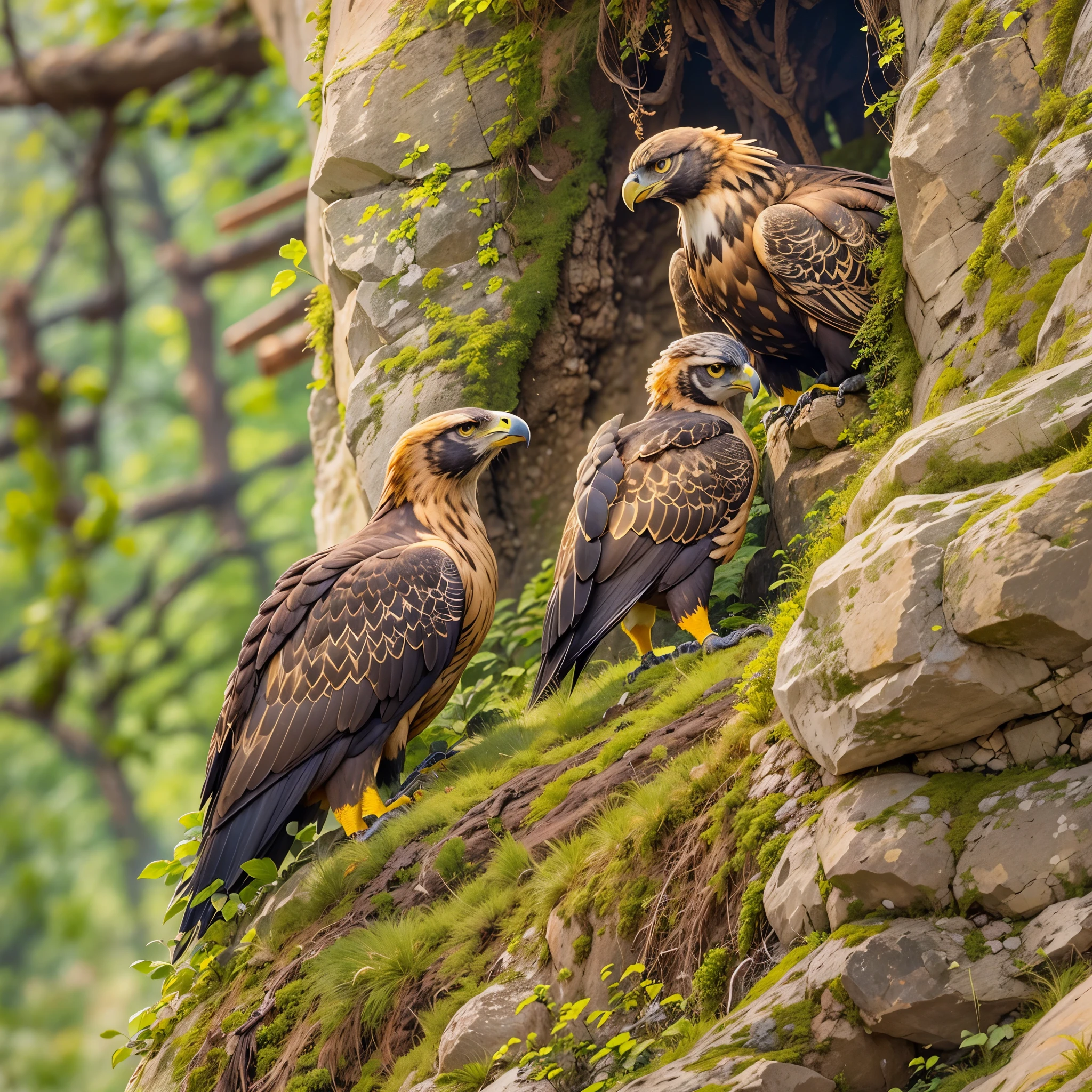 Hay woven nests located on steep cliff faces, Golden eagle cubs in the nest，Ultra-detailed，lifelike：1.37，Bright colors，soft light