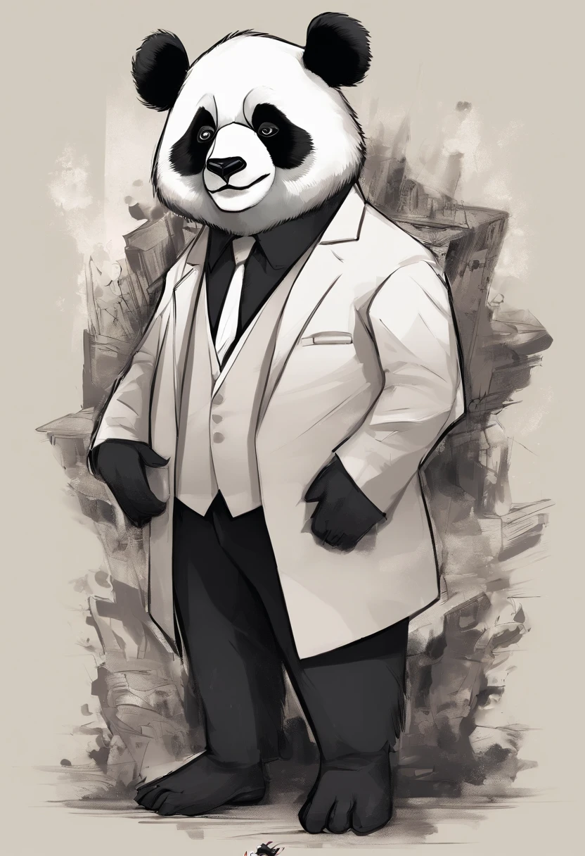 anthropomorphic panda, de cuerpo entero, vestido formalmente con un blazer, sostiene una bandeja, pegatina de panda, sticker de panda.