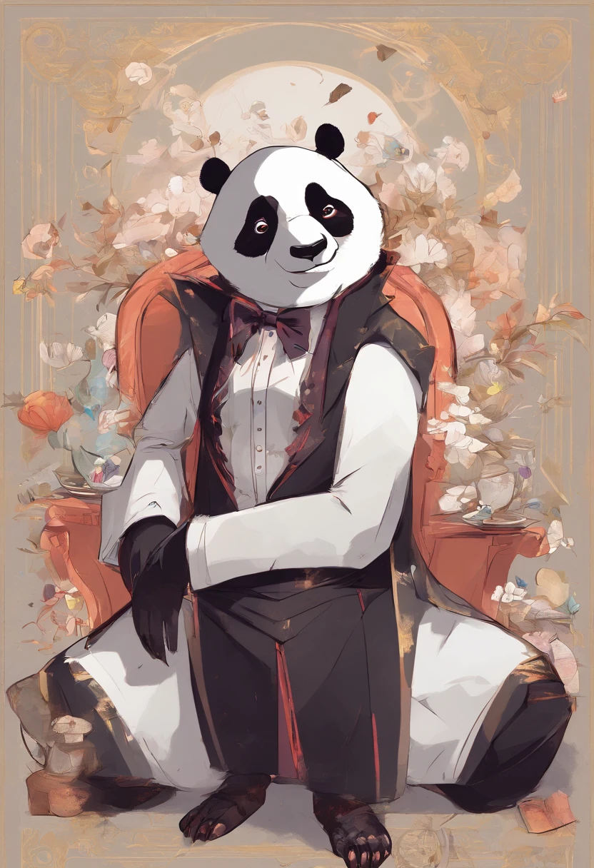 anthropomorphic panda, de cuerpo entero, vestido formalmente con un blazer, sostiene una bandeja, pegatina de panda, sticker de panda.