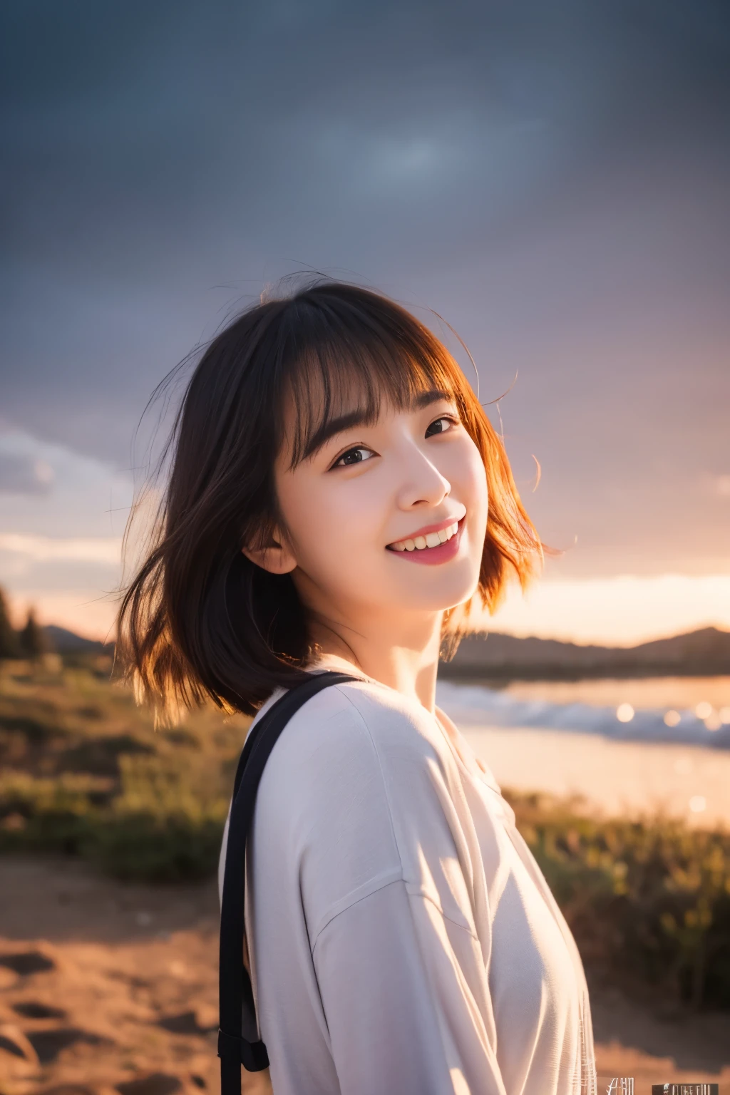 asterpiece, Best Quality, 1girl in, Profile face, a stunning face, Blue background, Blurry, blown eyes, Short hair, Upper body,Transparency,Elegant,Double eyelids,chuckle,bustshot,Smile