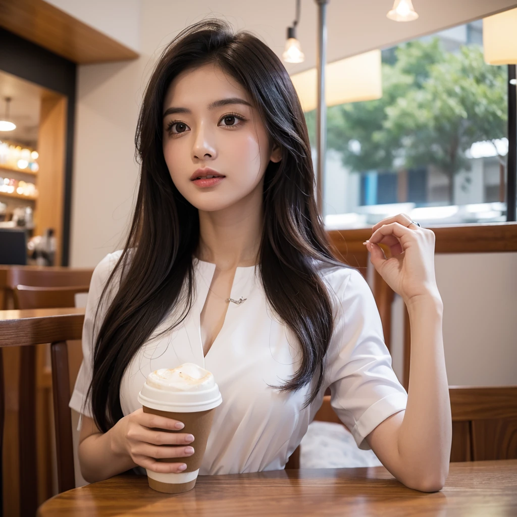 beautiful indian woman、Drinking coffee in a café、 I'm at the cafe,
