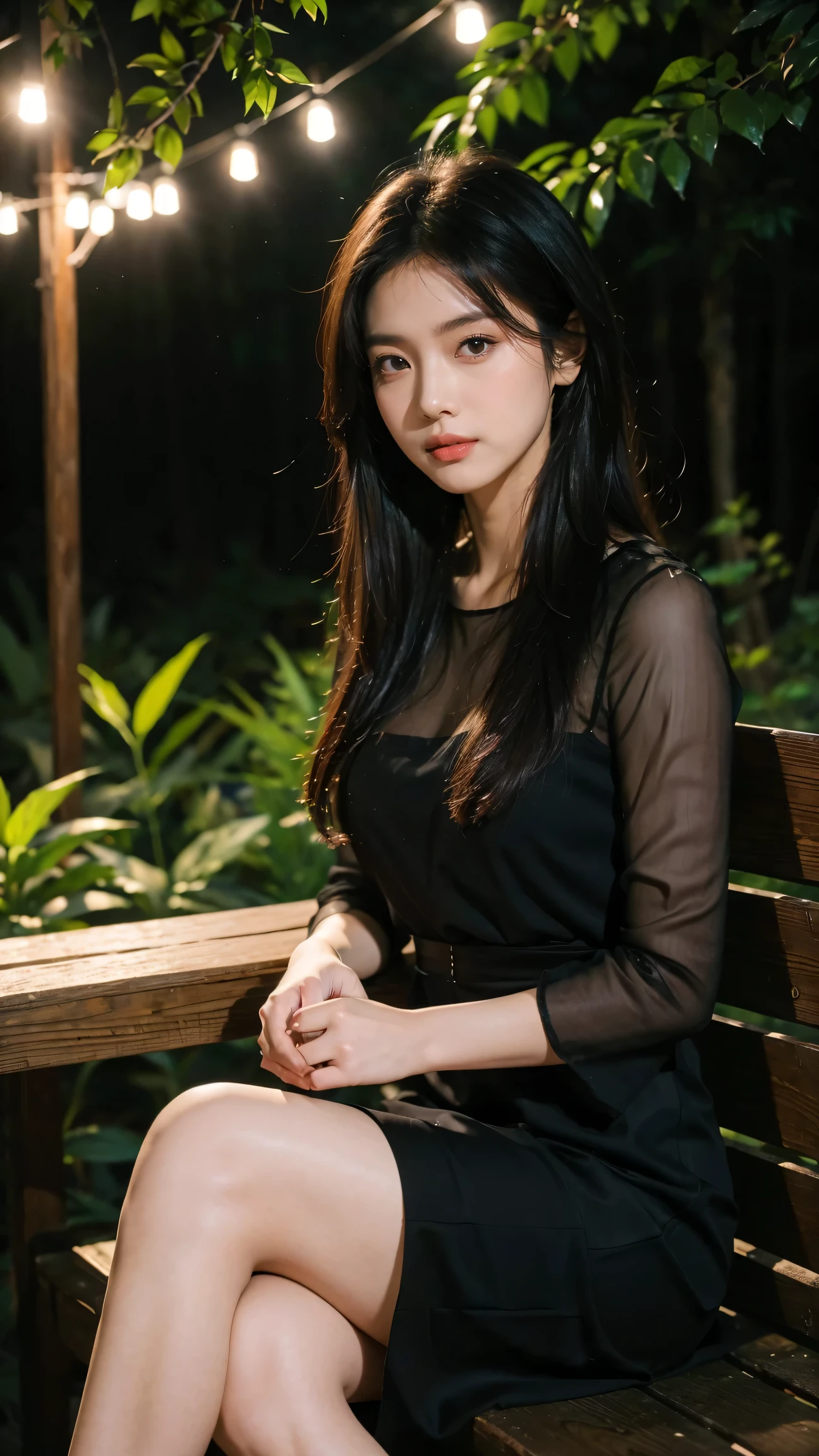 (masterpiece, best quality), 1 girl(Atenea_assamese), cute dress, long black hair, sitting, Beautiful outdoor background, night, forest