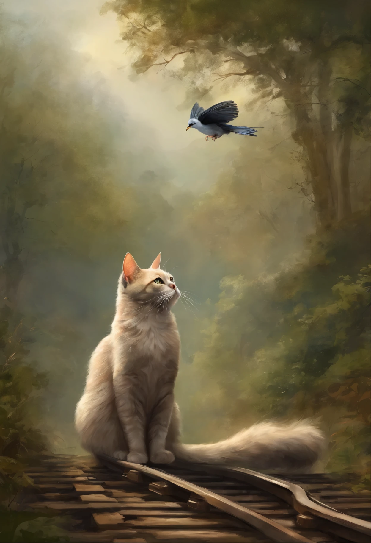 painting of a cat sitting on a train track with a bird flying overhead, beautiful digital painting, beautiful digital artwork, cat. digital painting, adorable digital painting, ghibli tom bagshaw, inspired by Cynthia Sheppard, warrior cats fan art, gorgeous digital painting, very beautiful digital art, beautiful digital art, detailed art, by Cynthia Sheppard, stunning digital painting, surrealistic digital artwork