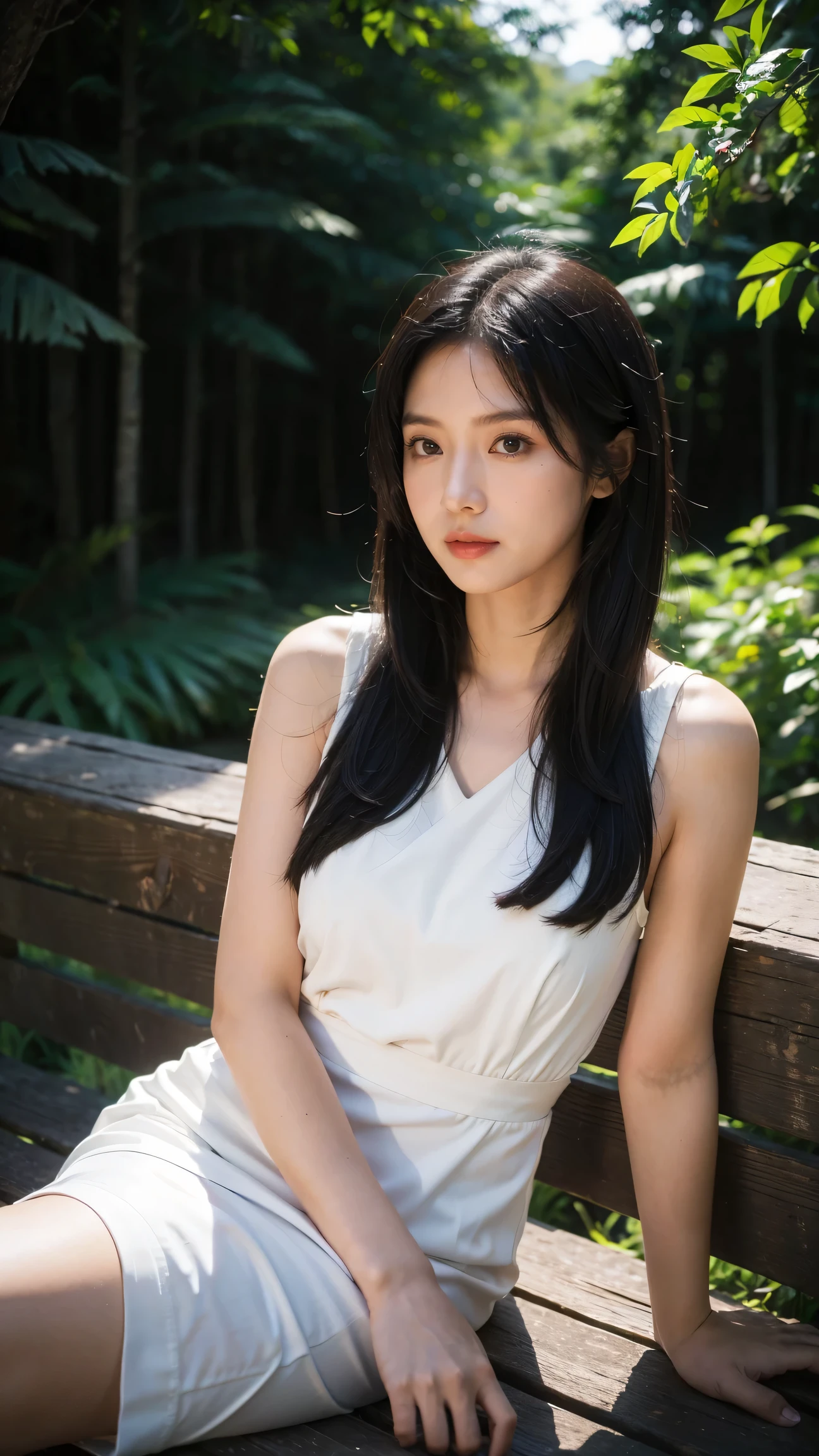 (masterpiece, best quality), 1 girl(Atenea_assamese), cute dress, long black hair, sitting, Beautiful outdoor background, night, forest