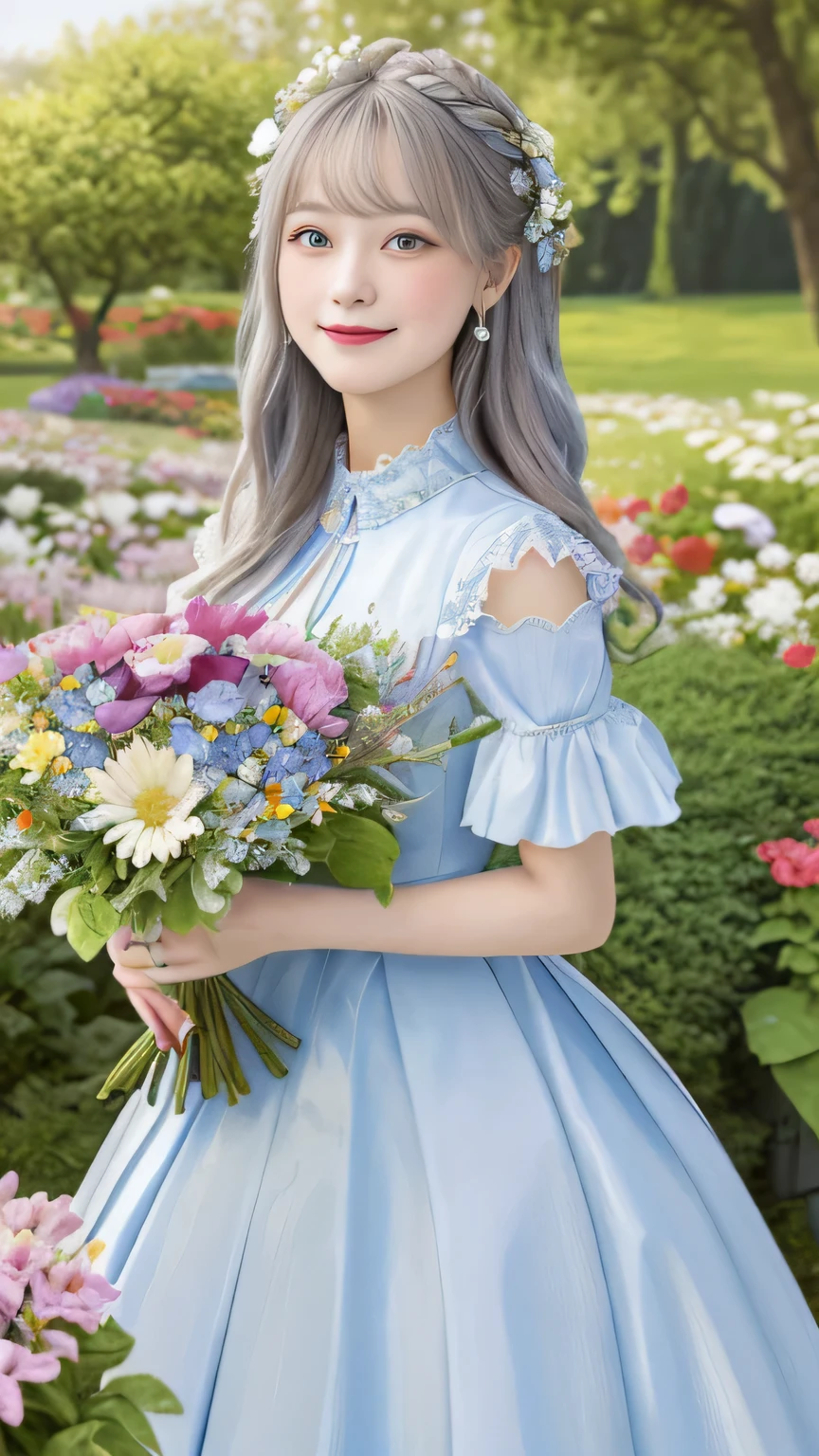 (masterpiece、top-quality、illustratio、Extremely high quality、high-level image quality、Extremely sensitive writing)Girl with long silver hair standing in beautiful flowery garden、A slight smile、She has a large bouquet、Cute national costume style dress with ruffles on the shoulders、Hair fluttering in the wind