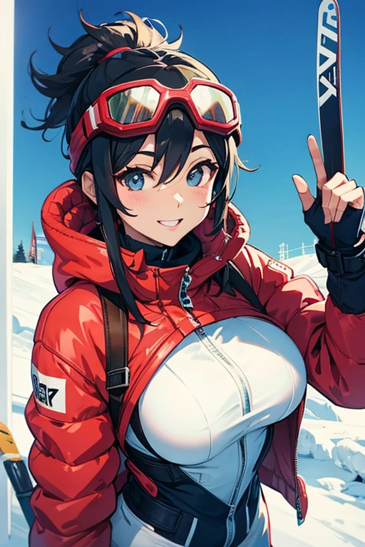 Un primer plano de una persona con una chaqueta rosa con una tabla de snowboard, 2 4 year old female model, her belly button is exposed, nieve en el cuerpo, Una hermosa rubia, el extremadamente caliente y sexy, sexy girl, muy sexy, cold as ice! 🧊, Chica rosa, con cabello largo y rubio, Awesome skiing, chica sexy con cabello largo y rubio