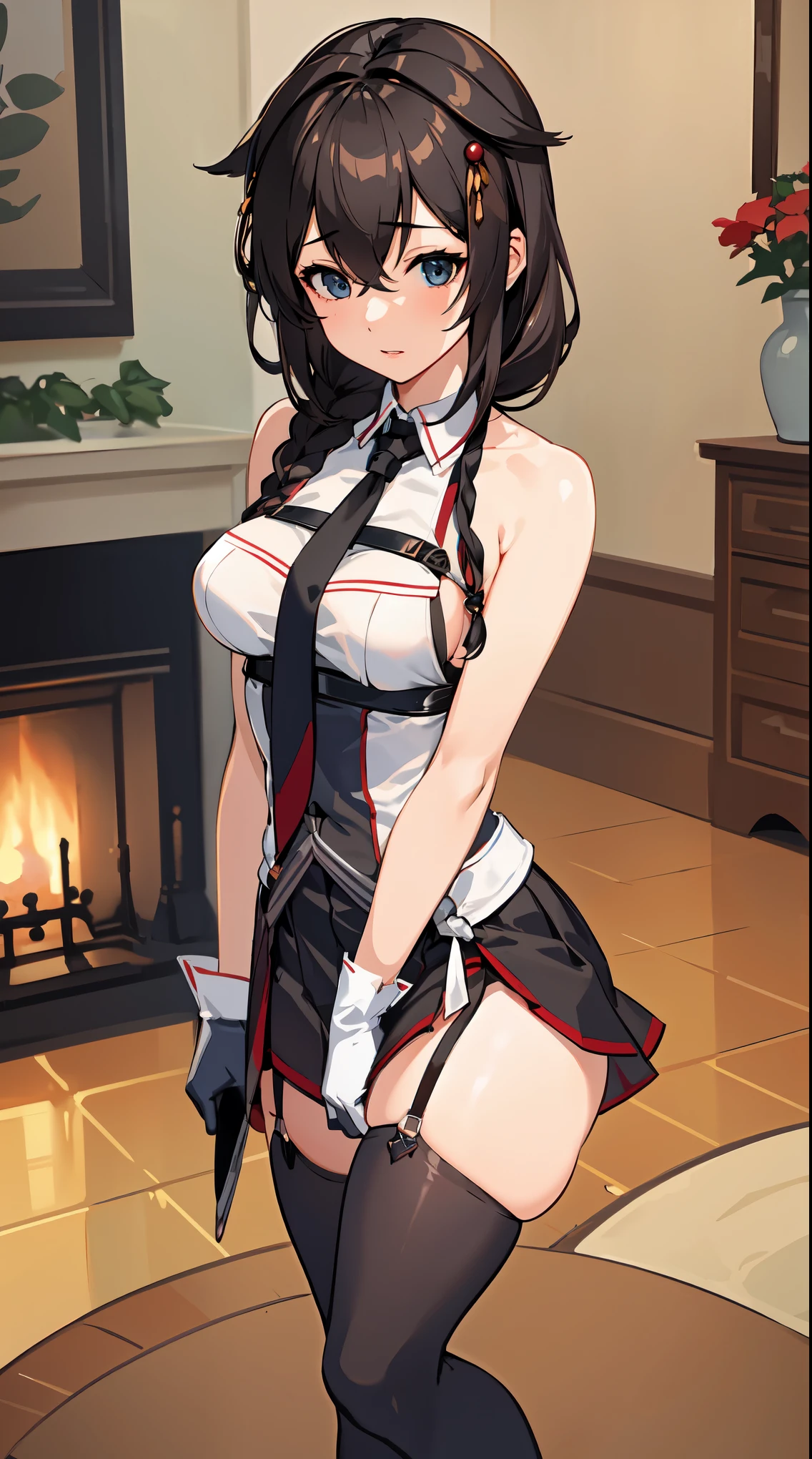 (masterpiece), (best quality), (ultra-detailed), photorealistic, (best illustration), (an extremely delicate and beautiful), 1girl, solo,Shigure Kai 3 KanColle Sleeveless Black Thimble Gloves Black Skirt Braid 8K High Resolution Very Fine Eyes Very Fine Face、Insanely detailed body、Extremely fine skin, very elaborate hair ornament, Precisely shaped body and hands 1 person Living room in a private house