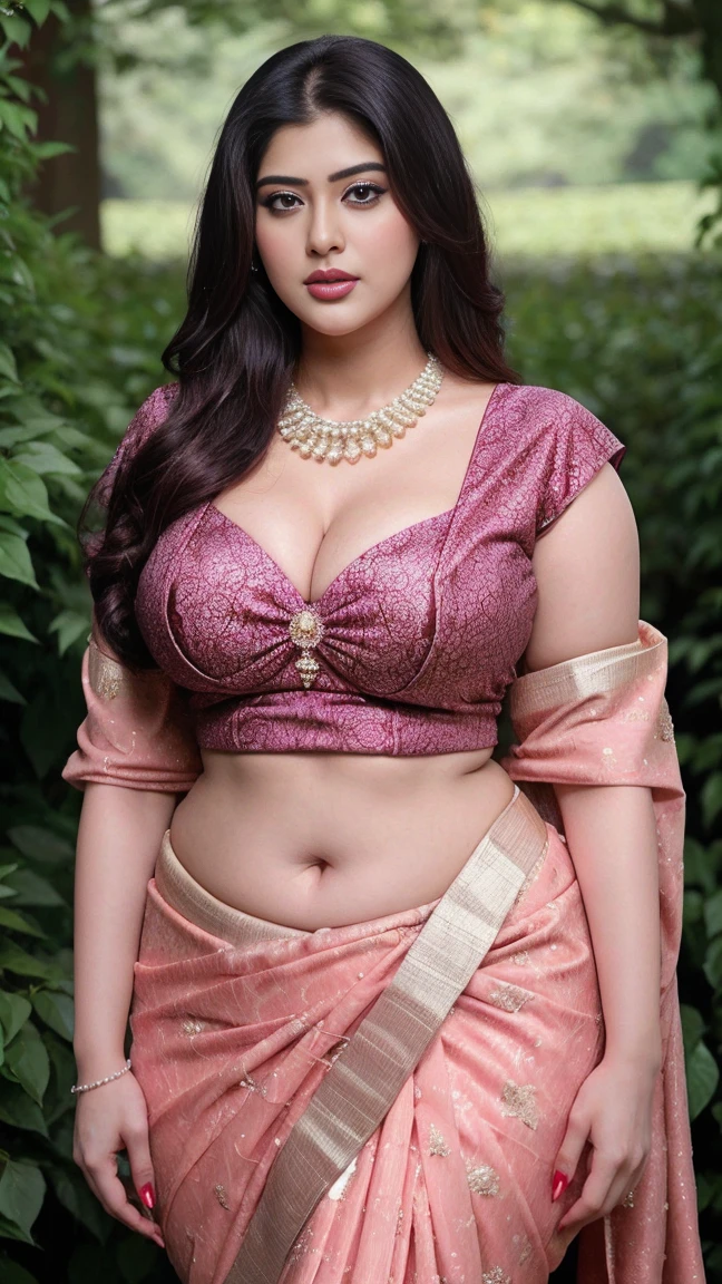 Srabanti Chatterjee bengali actress beautiful actress sexy curvy plus size model woman in a Violate banarasi saree in picture, manga mala necklace ornament in necklace for wedding, Head Jewelry for wedding, busty, small curvy , mid body shot, she has a jiggly fat round belly, thick body, rose garden background.