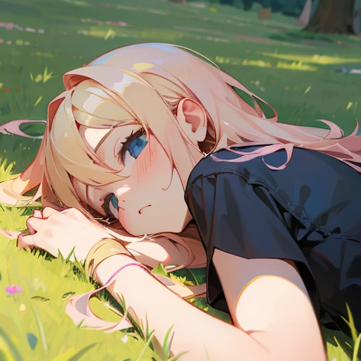 Blonde haired girl with pink hair at the tip of the hair laying on grass on a sunny day