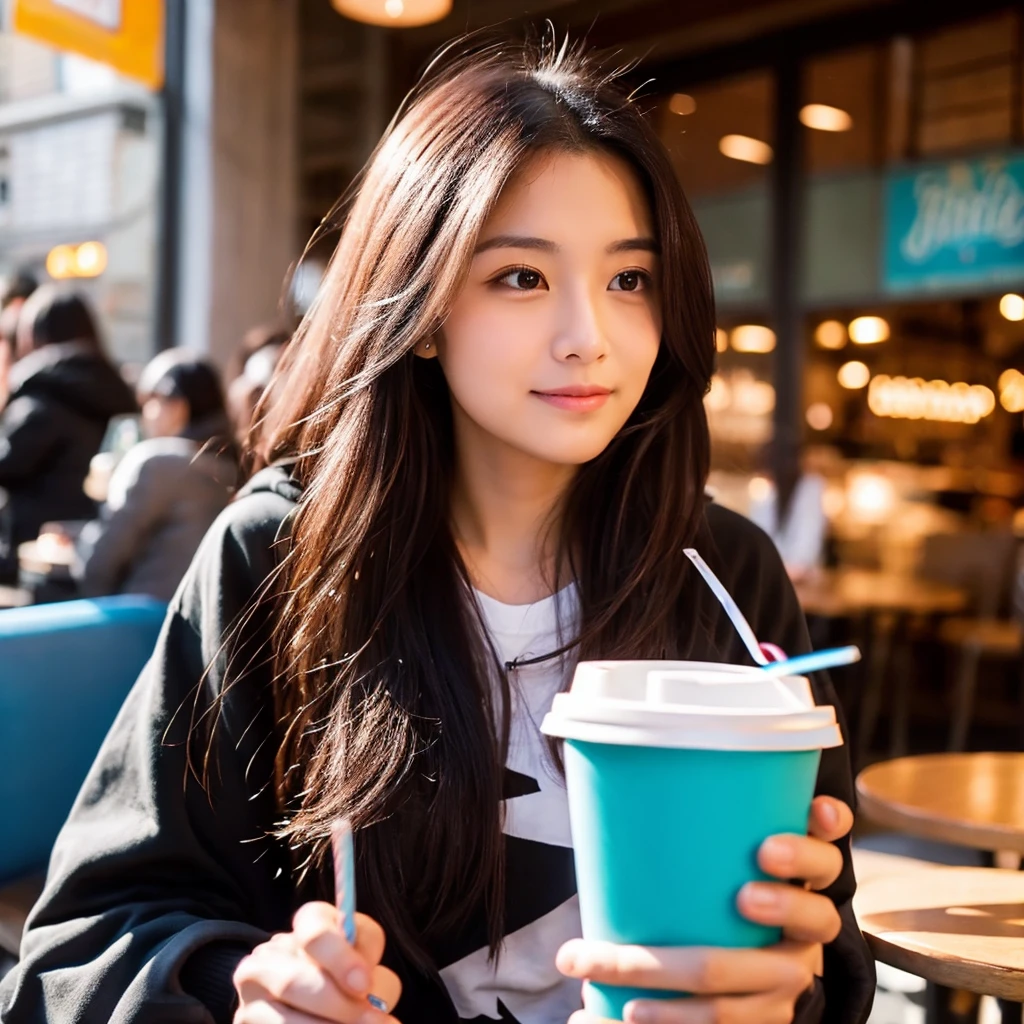 beautiful american woman、Drinking coffee in a café、 I'm at the cafe, I'm wearing a hoodie, facing forward、Crowded cafes