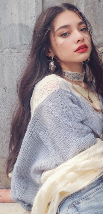  Beautiful girl college student，masterpiece，Light makeup，red lips，silver hair，messy long hair，street background，beautiful，grace。Super fine detail，work，Authentic texture，Realistic movie lighting，完美的work，8k，HD，Exquisite facial features，White skinny turtleneck top，White skinny shorts，slim figure，big bright eyes，，earring，necklace，Tattoos are
