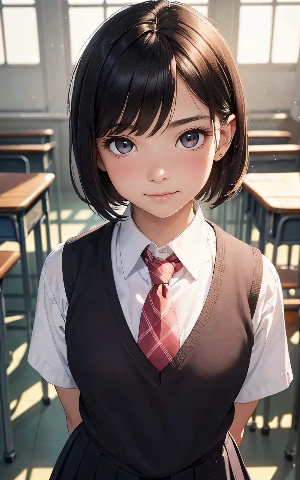 Unity 16K Wallpaper, Masterpiece, Best Quality, Ultra-Detailed, Extremely Detailed CG, Caustics, Cinematic Lighting, Detailed, Beautiful Detailed Eyes, 1girl, young girl, darkbrown eyes, adorable, small , (photorealistic:1.5, school uniform:1.5), sunlight, (beautiful black hair:1.3, blush, 15 years old:1.3), smile, handsome short hair
